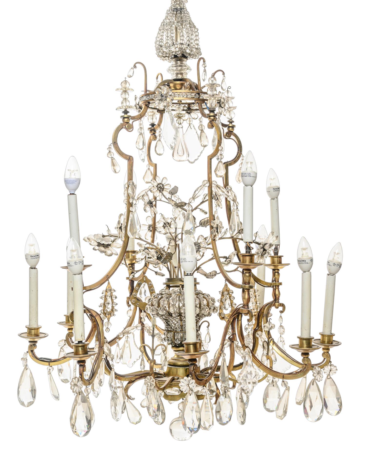A Pair of French Gilt Bronze and Glass-Beaded Twelve-Light Chandeliers
