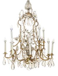 A Pair of French Gilt Bronze and Glass-Beaded Twelve-Light Chandeliers