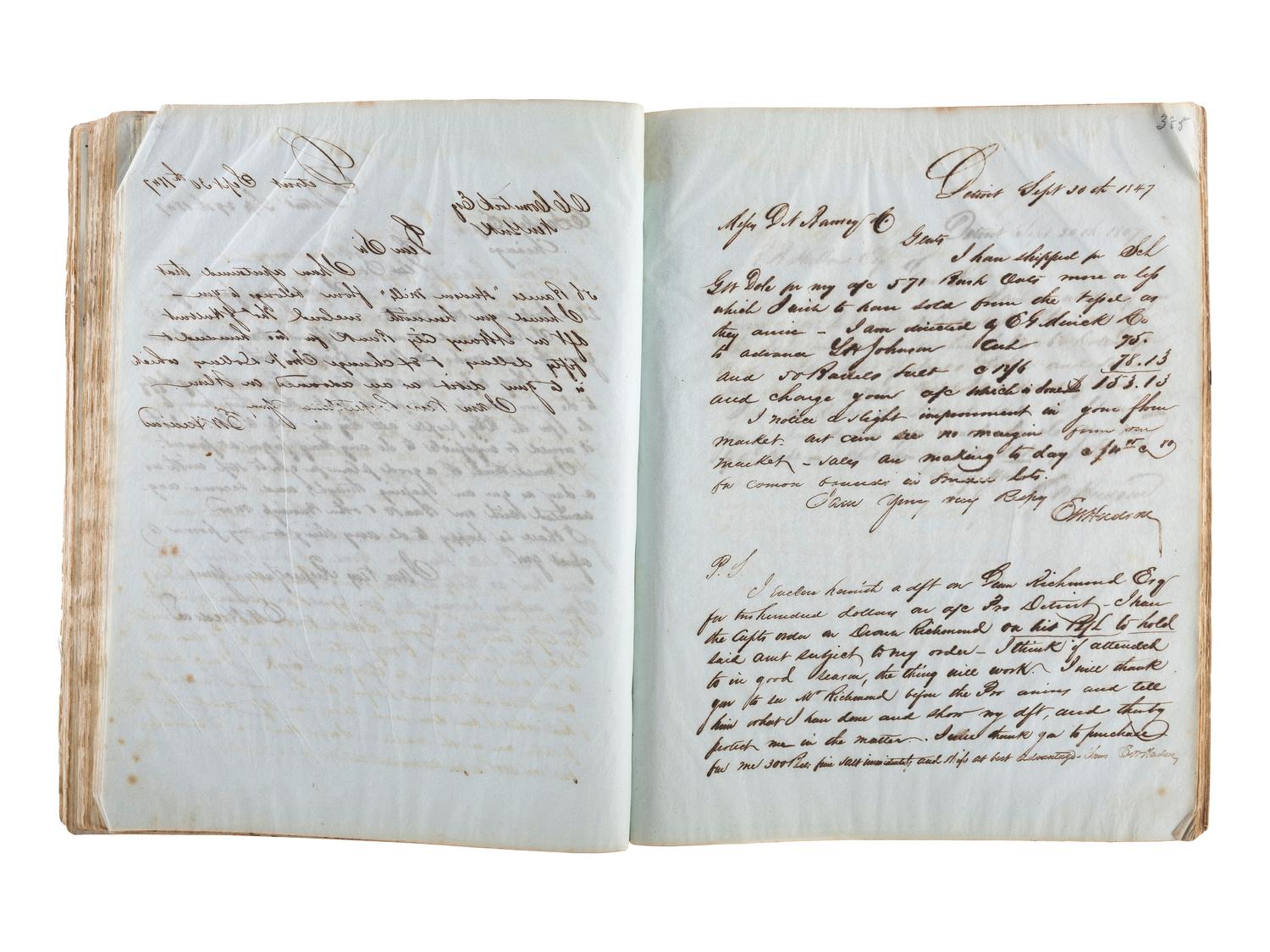 [TRANSPORTATION] -- [SHIPPING]. Letter press copy book featuring discussion of early Great Lakes shipping and commerce within the 1847 business correspondence of Detroit shipbuilder, merchant, and vessel owner Elon W. Hudson (1818-1901).