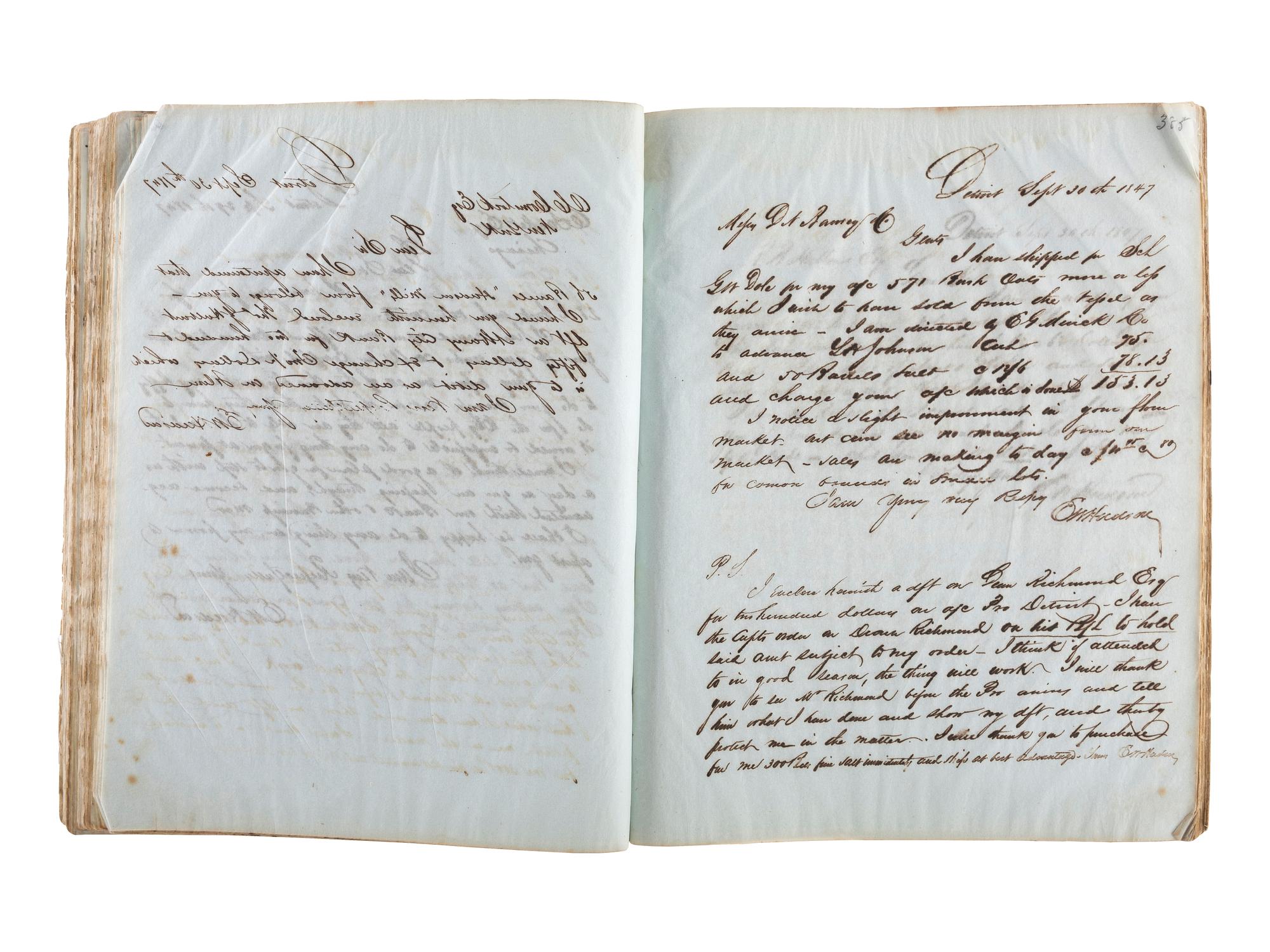 [TRANSPORTATION] -- [SHIPPING]. Letter press copy book featuring discussion of early Great Lakes shipping and commerce within the 1847 business correspondence of Detroit shipbuilder, merchant, and vessel owner Elon W. Hudson (1818-1901).