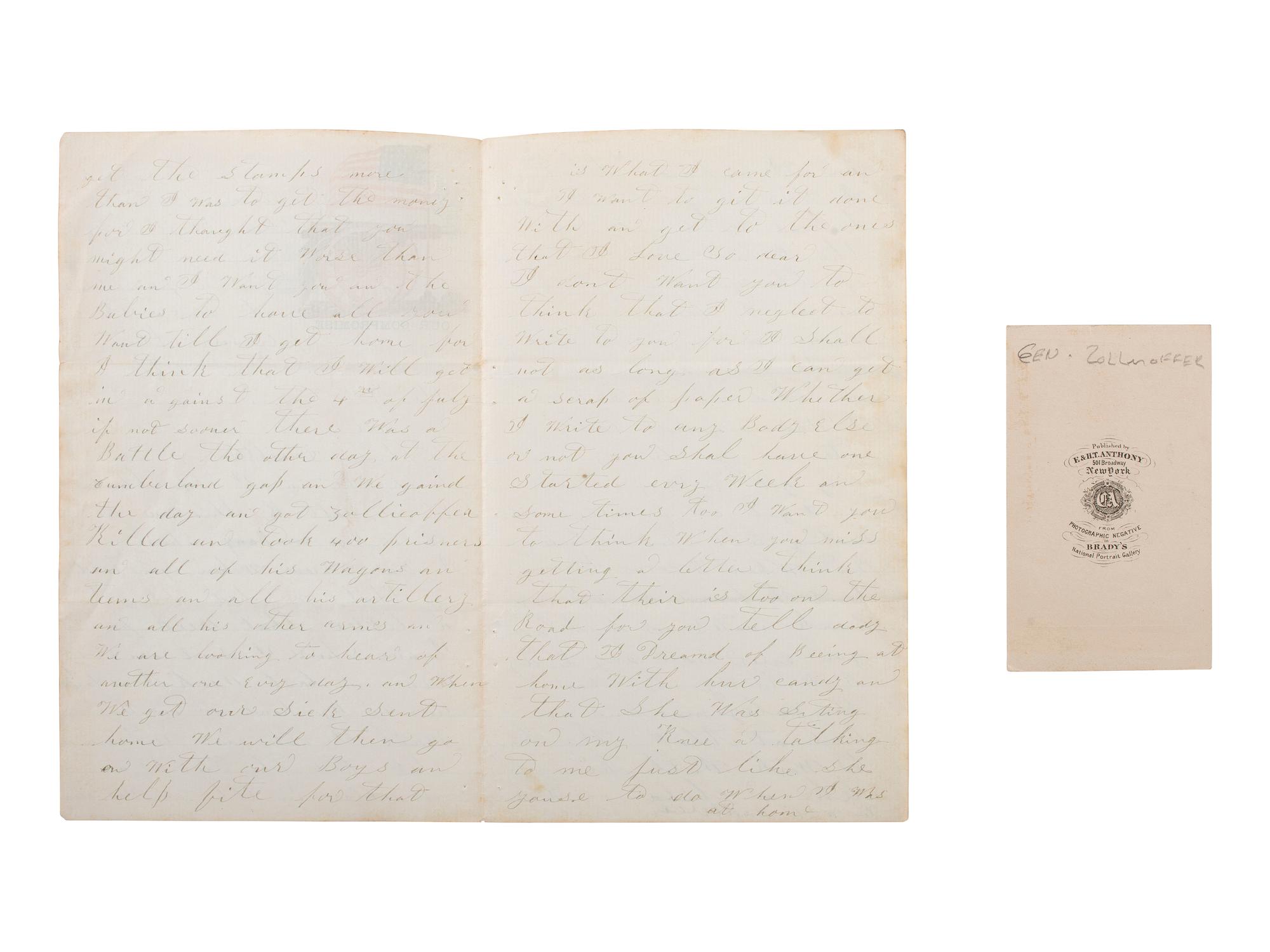 [CIVIL WAR]. A group of 2 items involving CSA General Felix Zollicoffer (1812-1862), incl. CDV and 6pp. letter from 50th Indiana Private Eli Caress mentioning Zollicoffer's death.