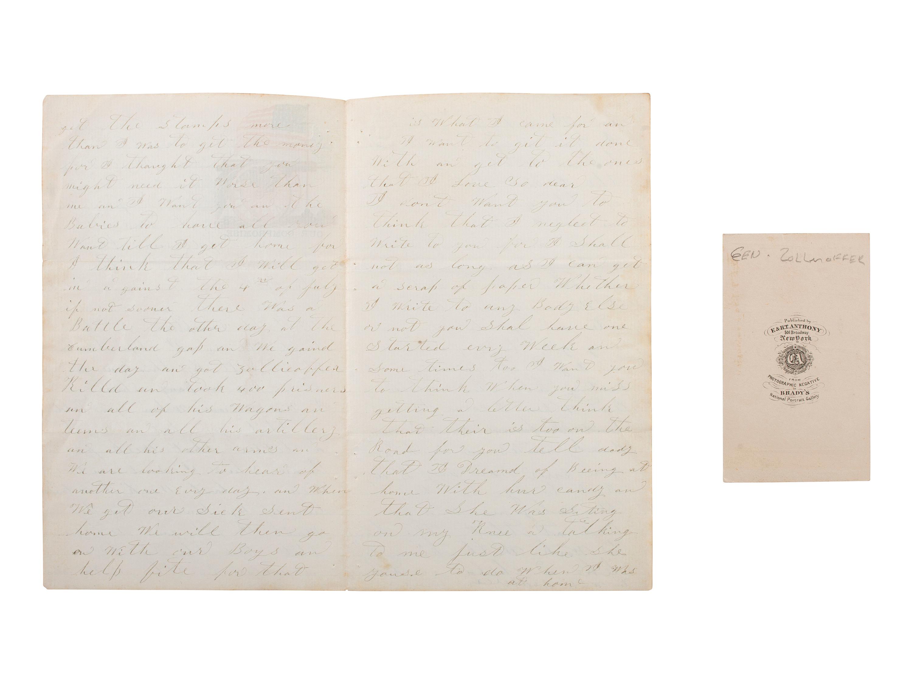 [CIVIL WAR]. A group of 2 items involving CSA General Felix Zollicoffer (1812-1862), incl. CDV and 6pp. letter from 50th Indiana Private Eli Caress mentioning Zollicoffer's death.