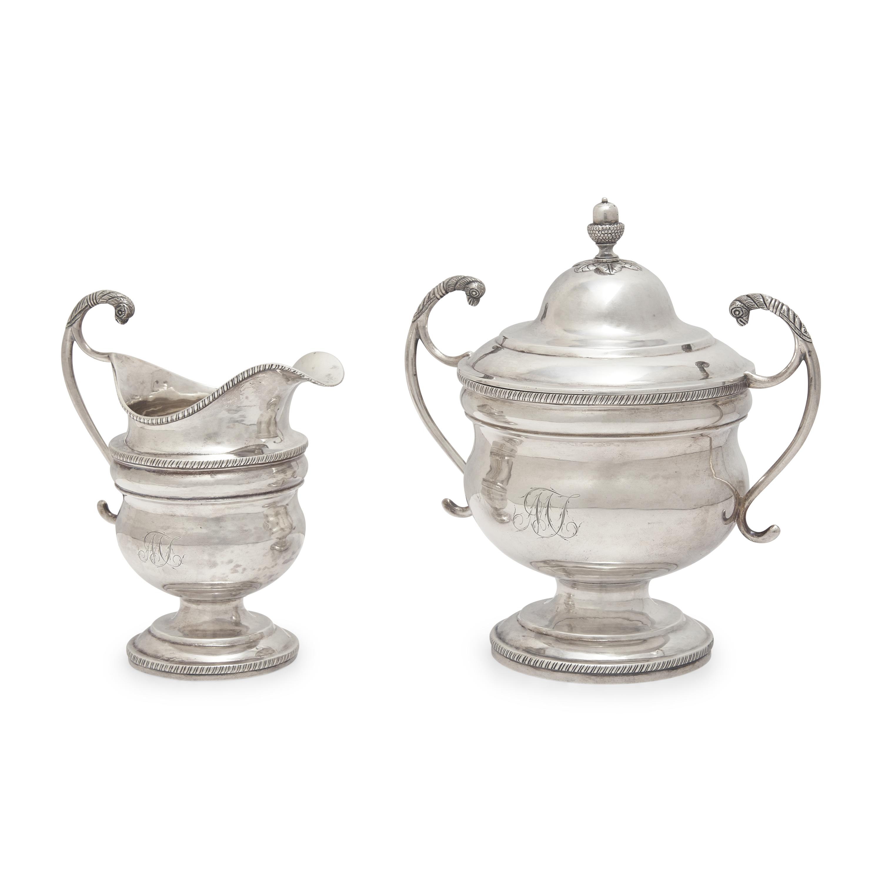 A Federal Silver Covered Sugar Dish and Creamer