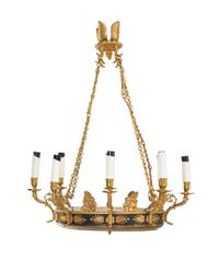 An Empire Style Gilt Bronze and Green Tôle Eight-Light Chandelier