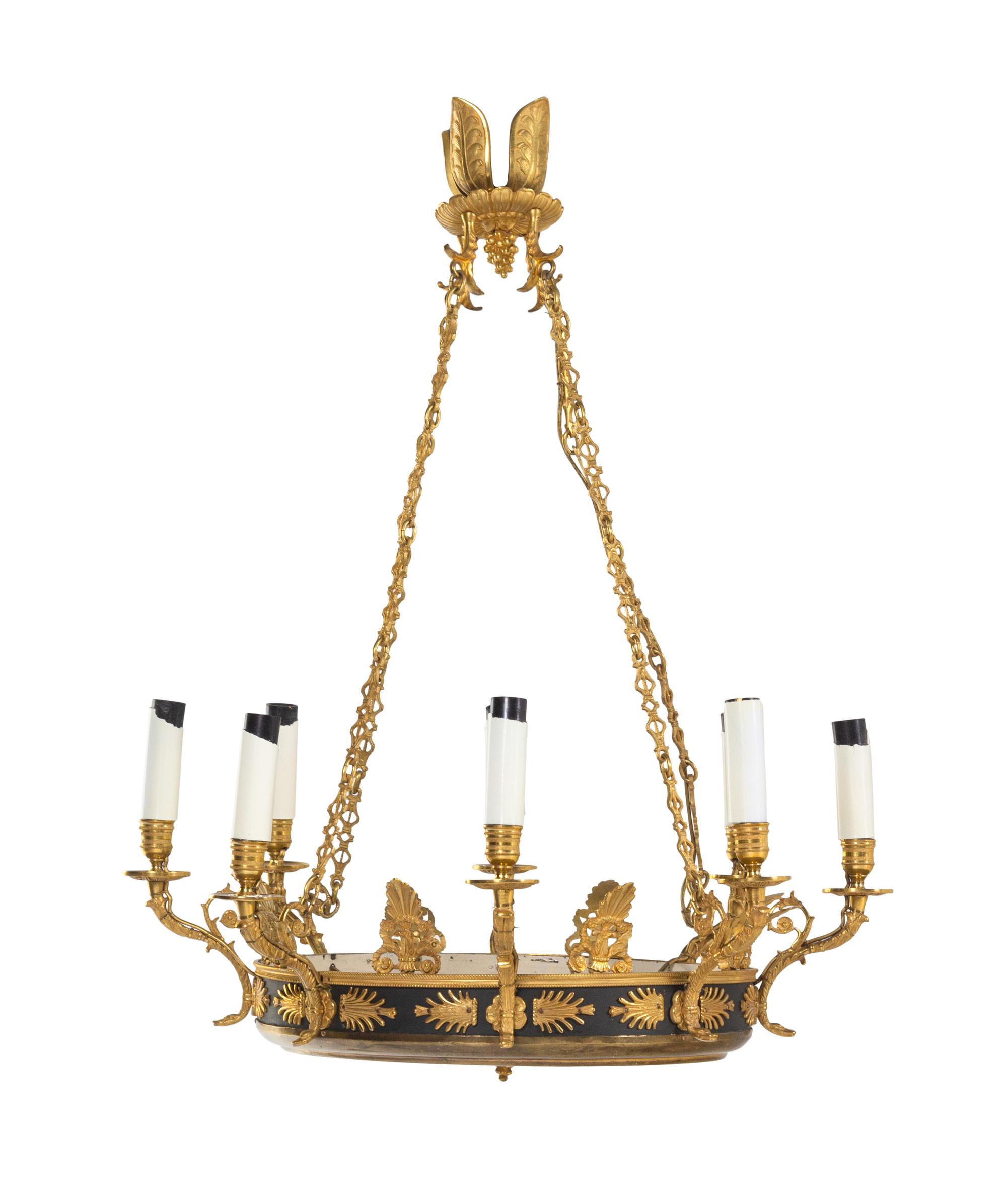 An Empire Style Gilt Bronze and Green Tôle Eight-Light Chandelier
