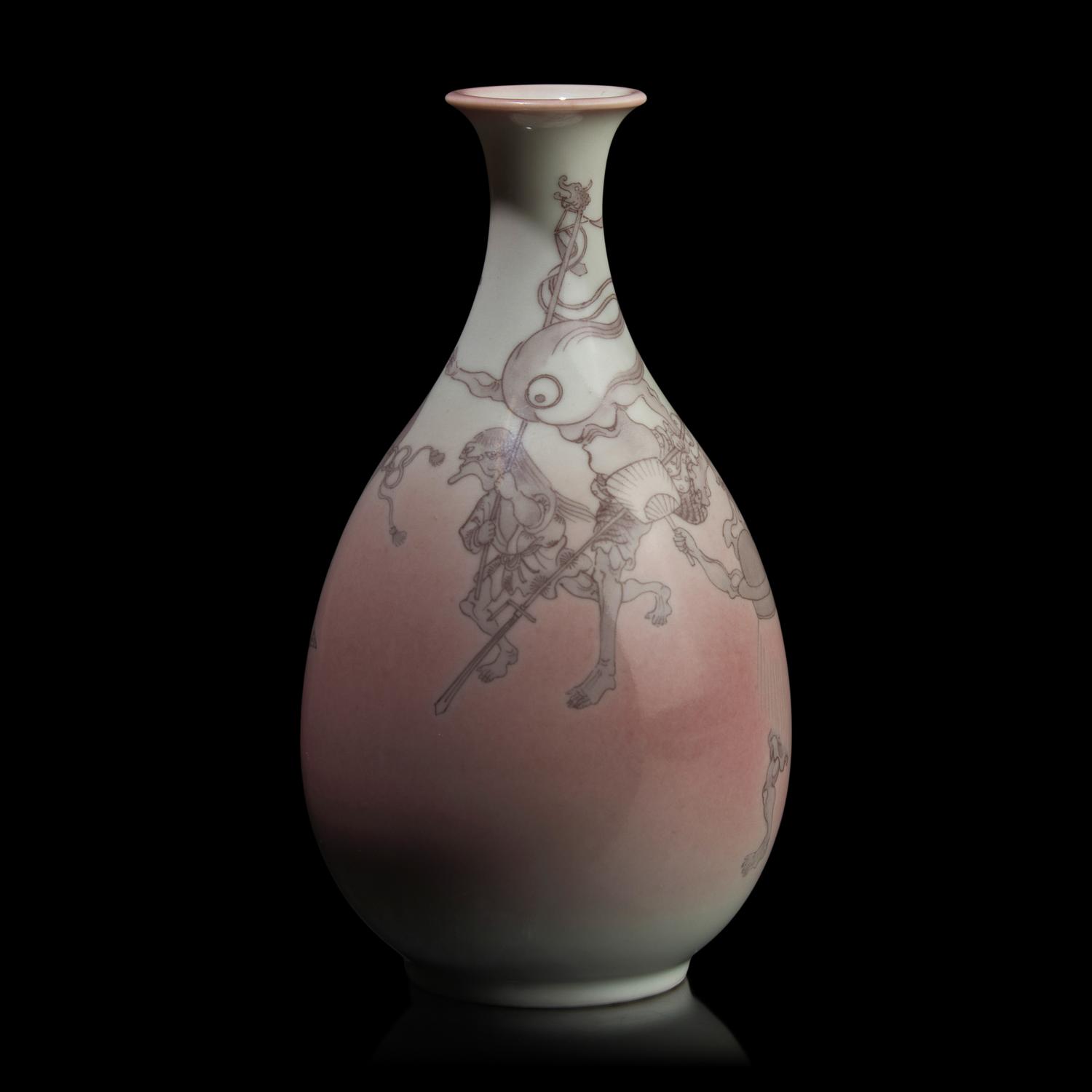 An Unusual Japanese Underglaze Red-Decorated "Goblins" Cabinet Vase, Underglaze Blue Seal Mark Makuzu Kozan