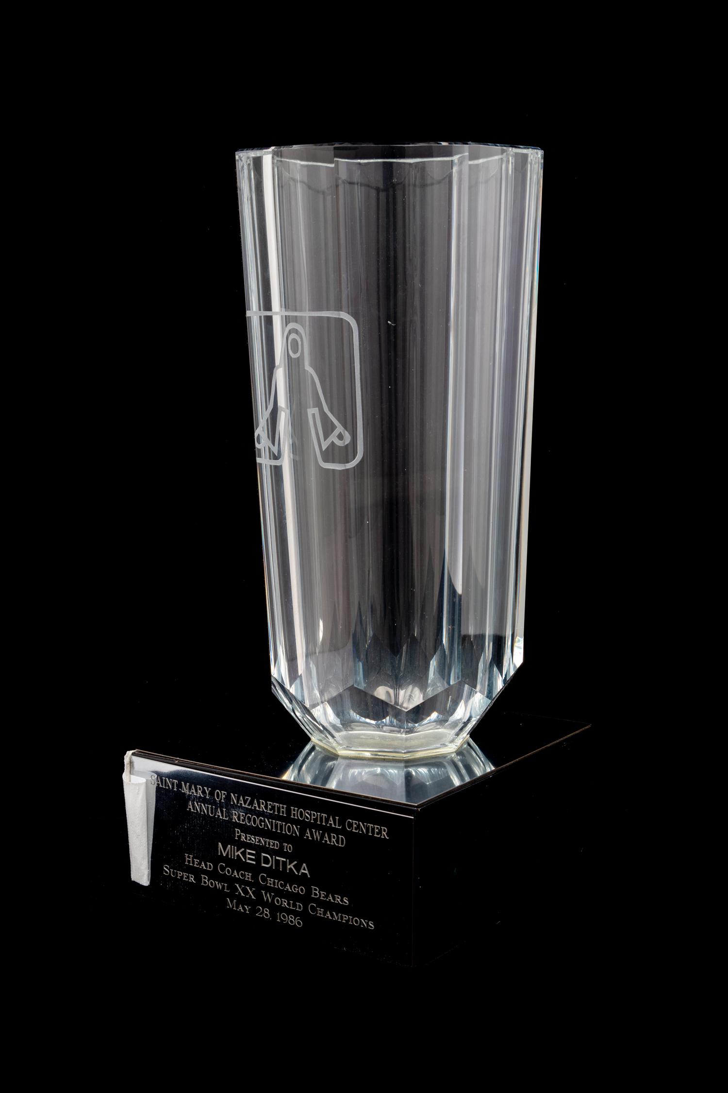 A 1986 Saint Mary of Nazareth Hospital Annual Recognition Award Presented to Mike Ditka Formerly Displayed at Mike Ditka's Restaurant