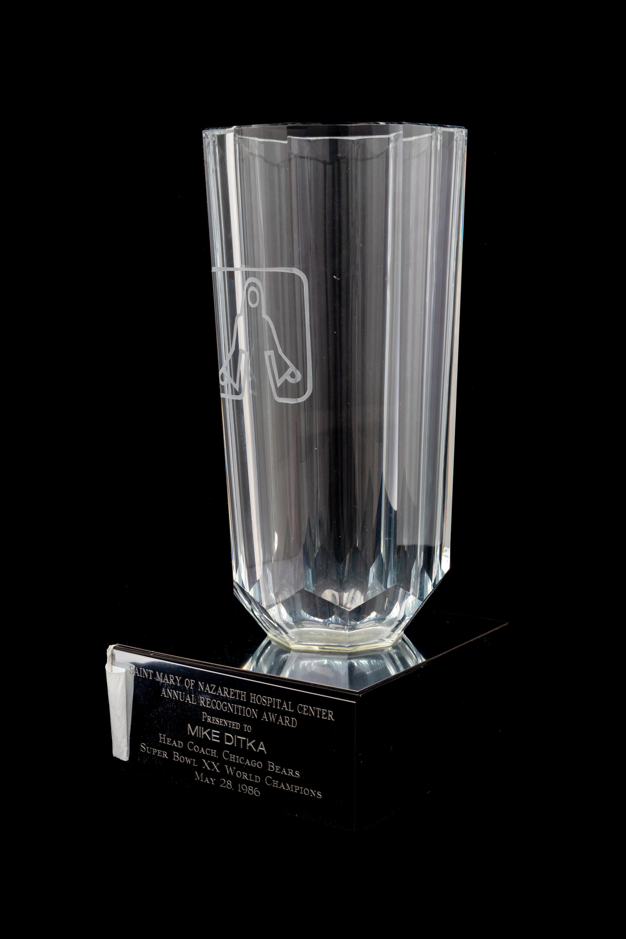 A 1986 Saint Mary of Nazareth Hospital Annual Recognition Award Presented to Mike Ditka Formerly Displayed at Mike Ditka's Restaurant