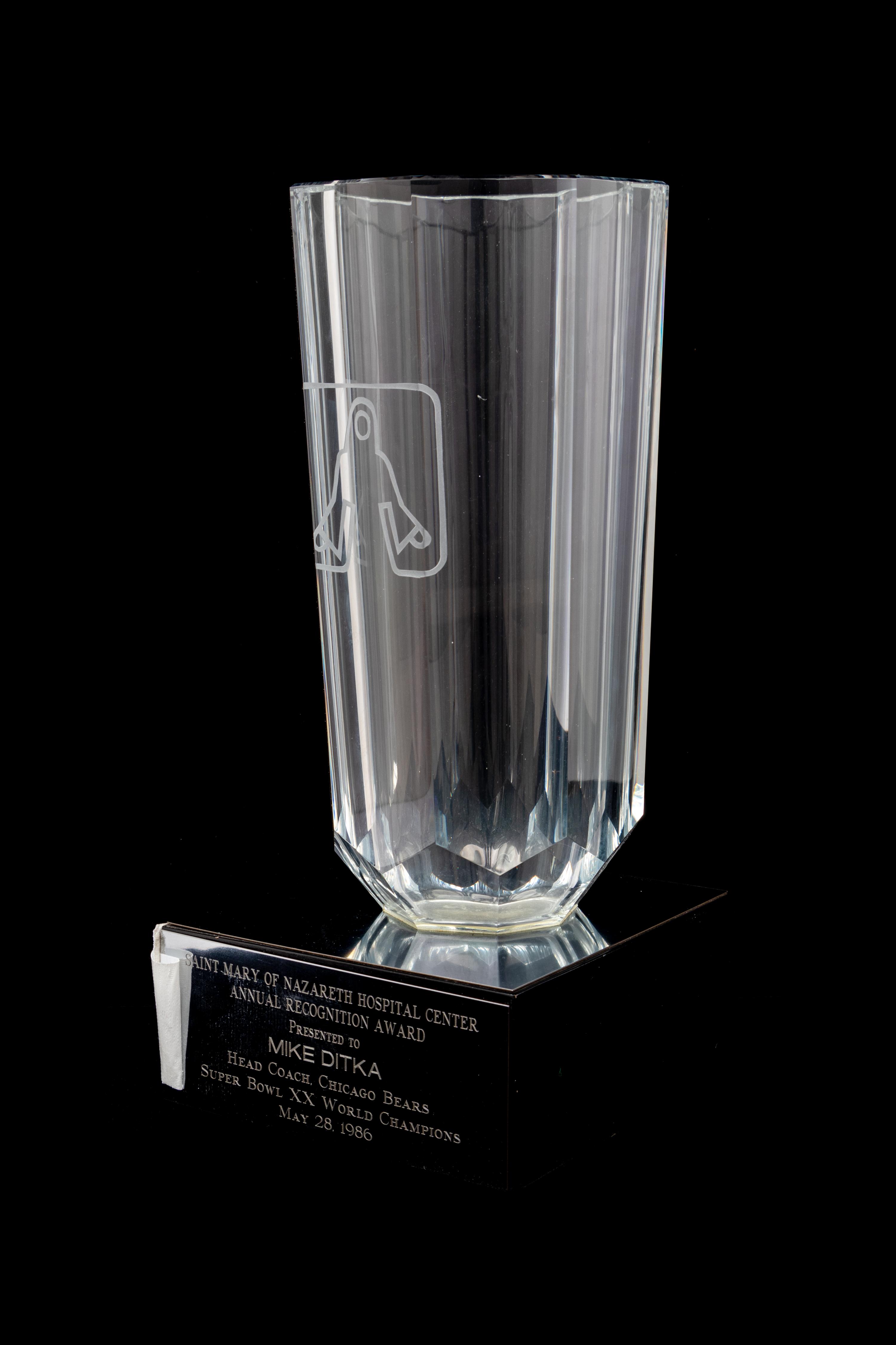 A 1986 Saint Mary of Nazareth Hospital Annual Recognition Award Presented to Mike Ditka Formerly Displayed at Mike Ditka's Restaurant