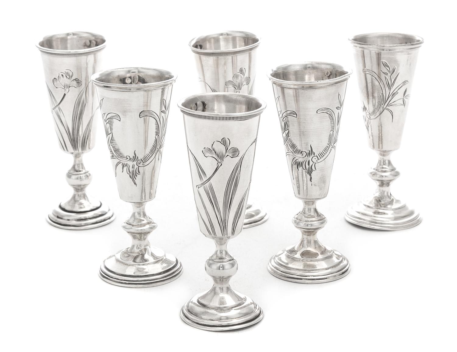 Six Polish Silver Cordials, Various Makers, Warsaw, Late 19th/Early 20th Century, comprising two similarly decorated three-piece sets,