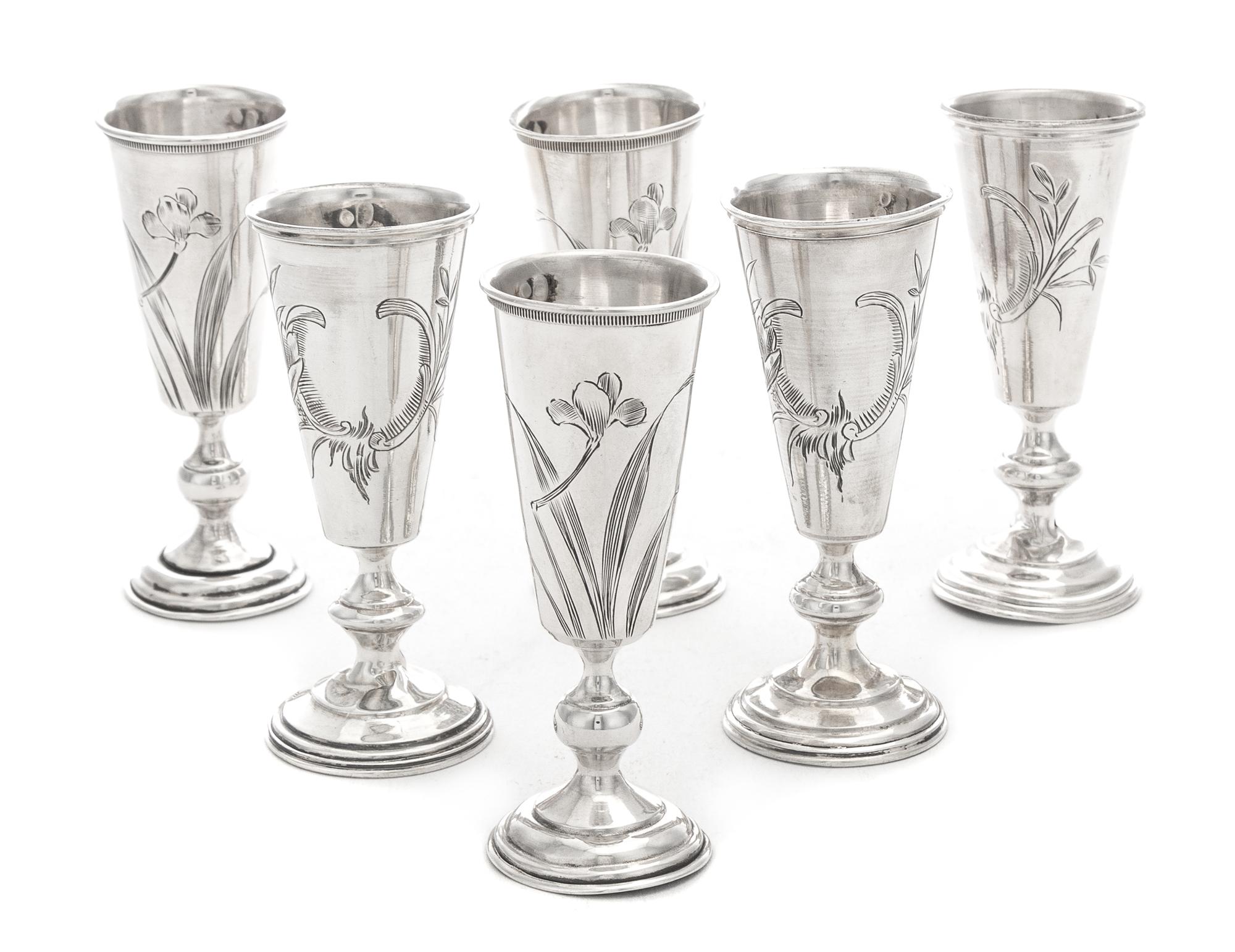 Six Polish Silver Cordials, Various Makers, Warsaw, Late 19th/Early 20th Century, comprising two similarly decorated three-piece sets,