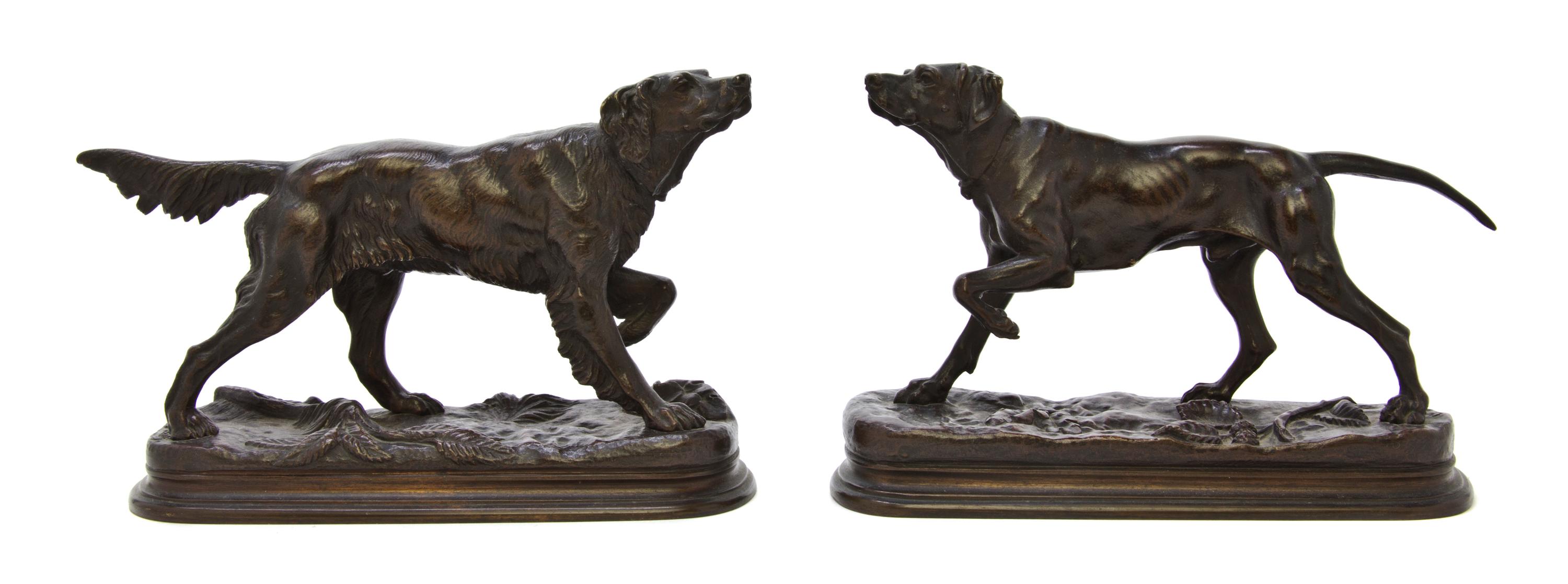Two French Bronze Animalier Figures, after Jules Moigniez (1835-1894), Width 8 1/2 inches.