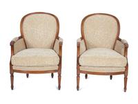 A Pair of Louis XVI Style Carved Walnut Bergères