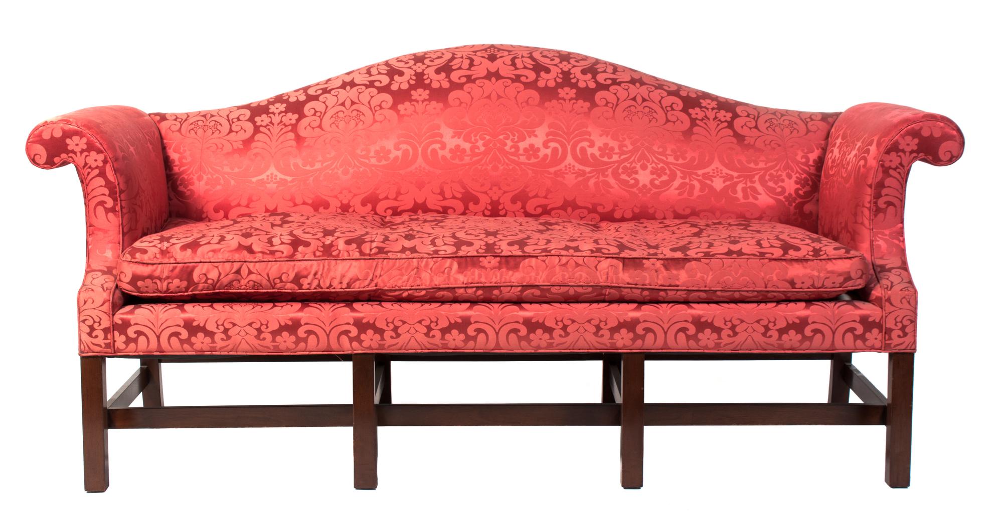 An American Camelback Sofa Height 36 x width 80 x depth 30 1/2 inches. — BAKER