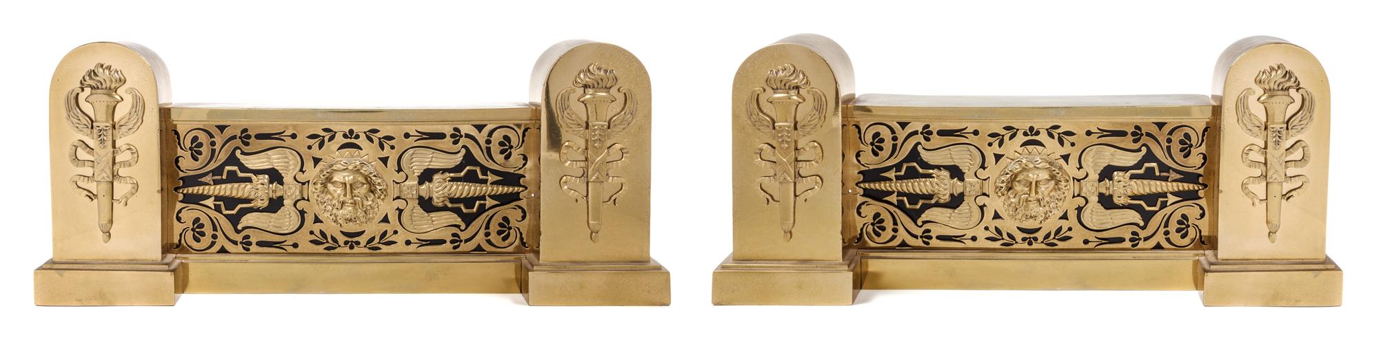 A Pair of Neoclassical Style Gilt Metal Chenets Height 7 1/2 x width 18 x depth 3 inches.