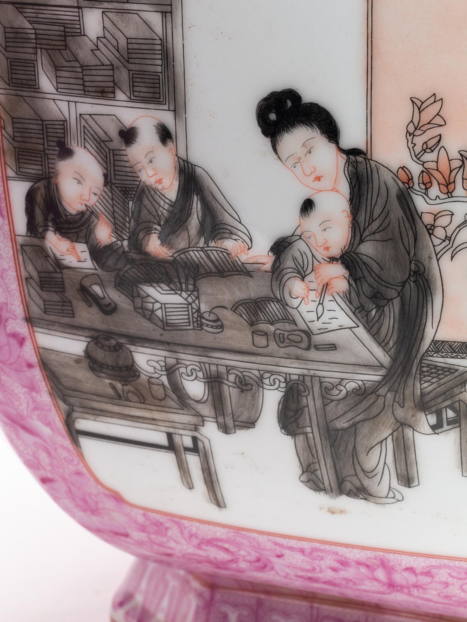 A Pair of Chinese Pink-Ground Porcelain and Grisaille Enamel Vases