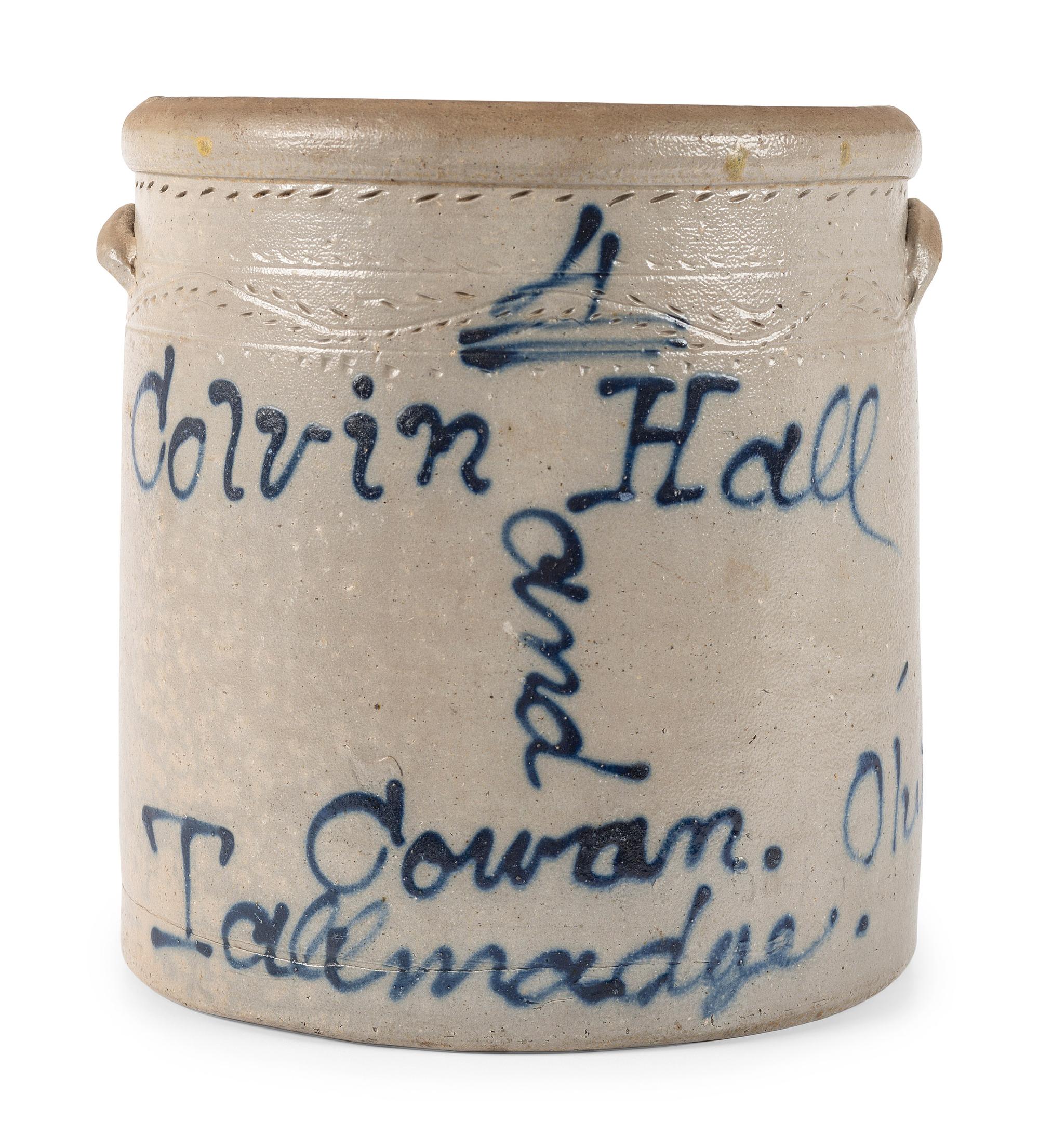 An Ohio Script Decorated Four Gallon Stoneware Crock