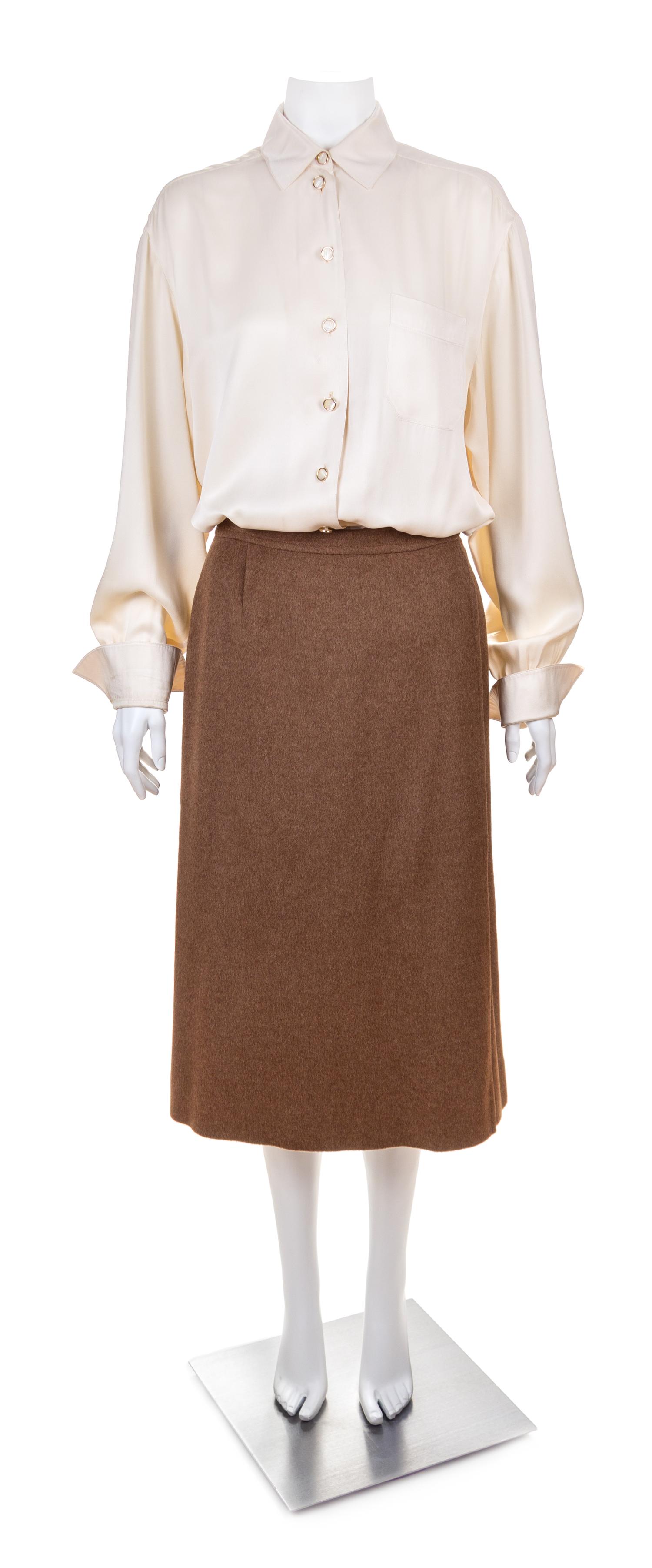 An Hermès Vintage Brown Wool Cashmere and Silk Reversible Coat and Skirt Ensemble, Coat size medium; Skirt size 40; Blouse size 44; Sca