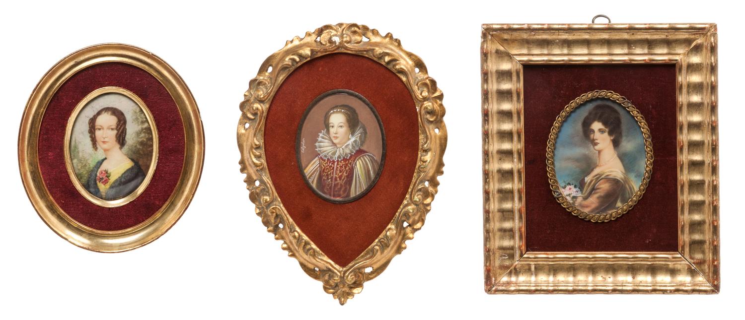 A Collection of Seven Painted and Printed Portrait Miniatures Height of tallest overall 9 1/2 inches. — VARIOUS VINTAGES