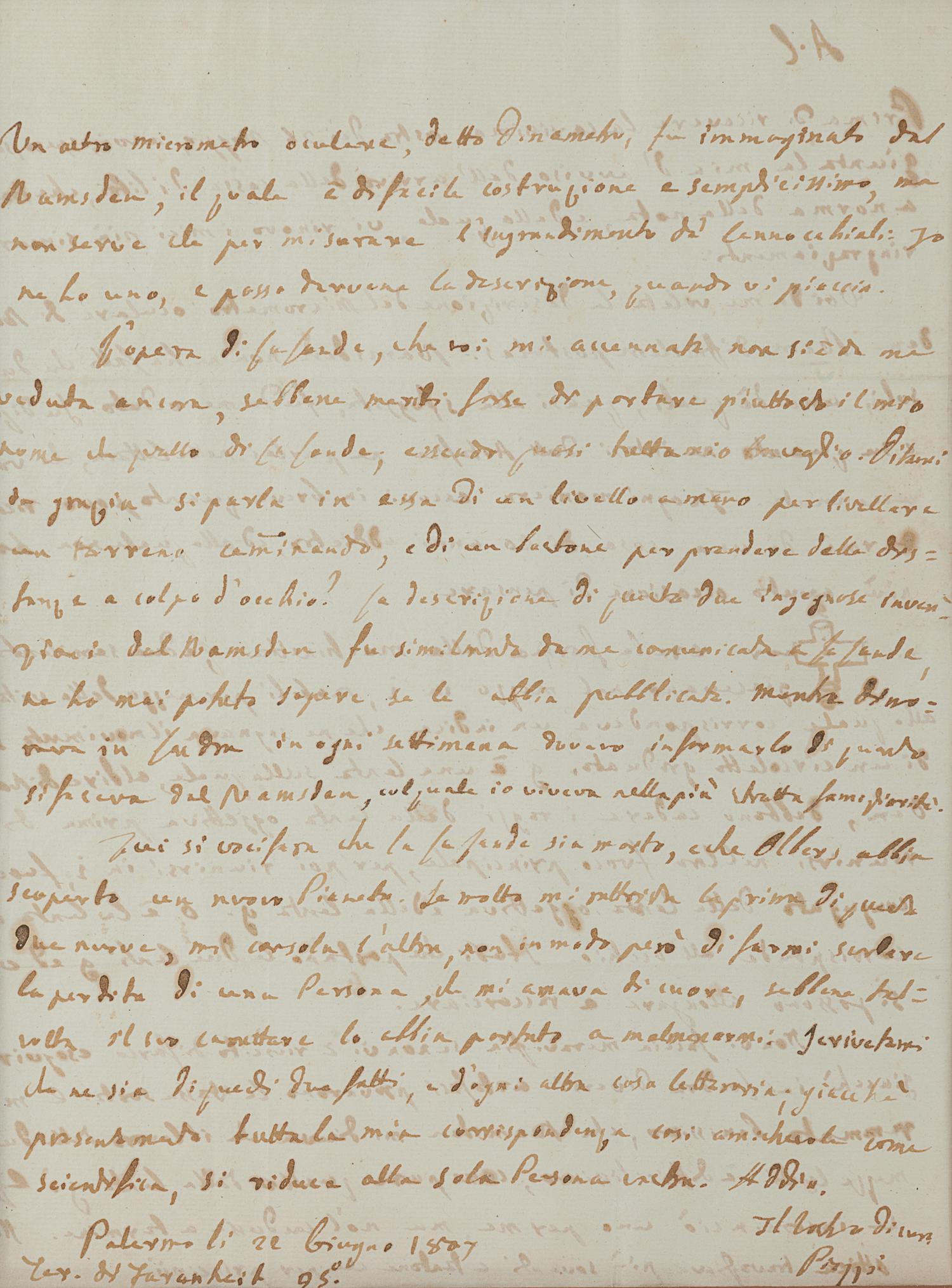 PIAZZI, Giuseppe (1746-1826). Autograph letter signed (“Piazzi”), to D. Gaetano. Palermo, 22 June 1807. 2 pages, 4to, visible area 235 x 176 mm, matted and framed with a portrait of Piazzi, unexamined out of frame, creasing.