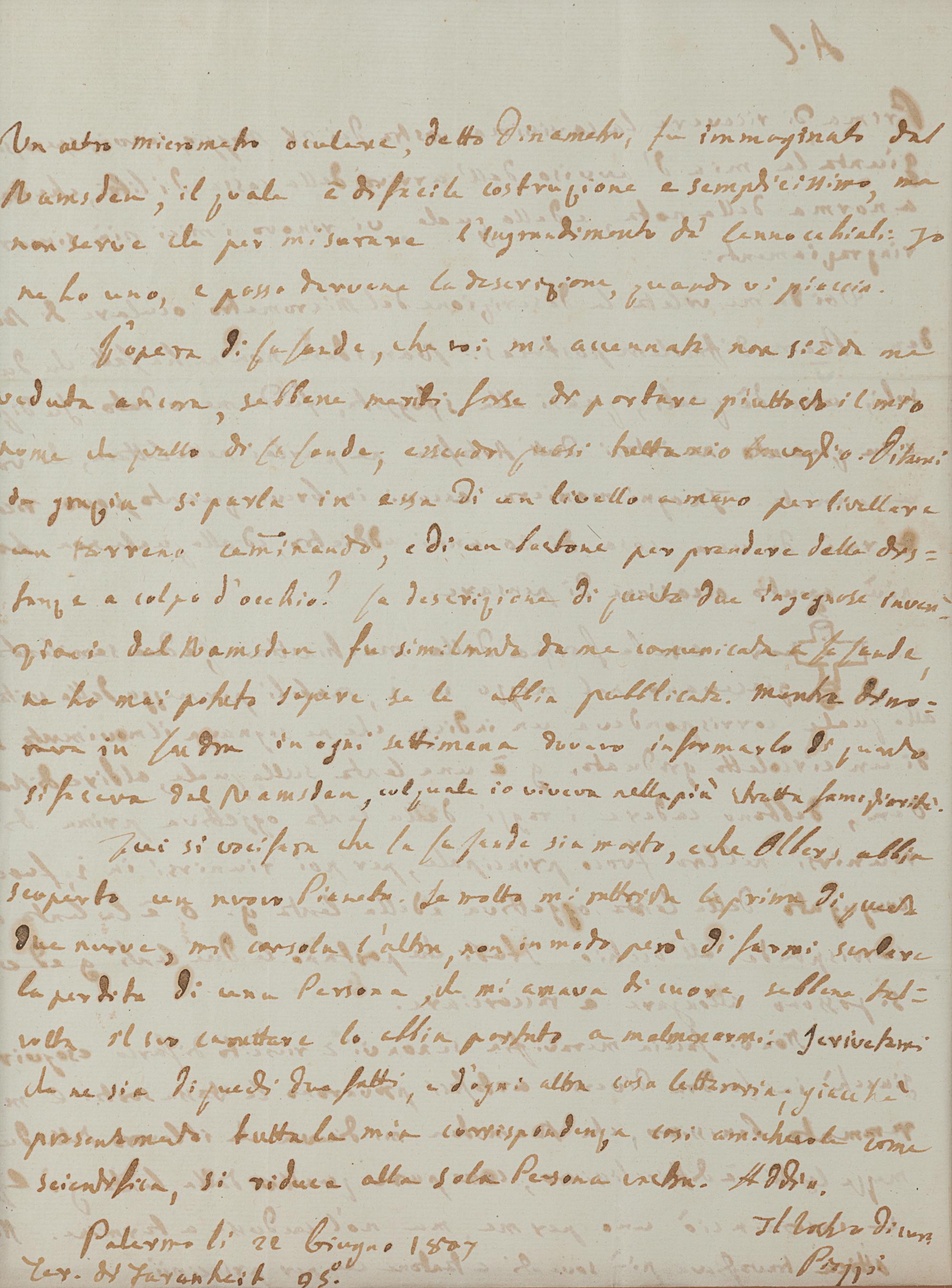 PIAZZI, Giuseppe (1746-1826). Autograph letter signed (“Piazzi”), to D. Gaetano. Palermo, 22 June 1807. 2 pages, 4to, visible area 235 x 176 mm, matted and framed with a portrait of Piazzi, unexamined out of frame, creasing.