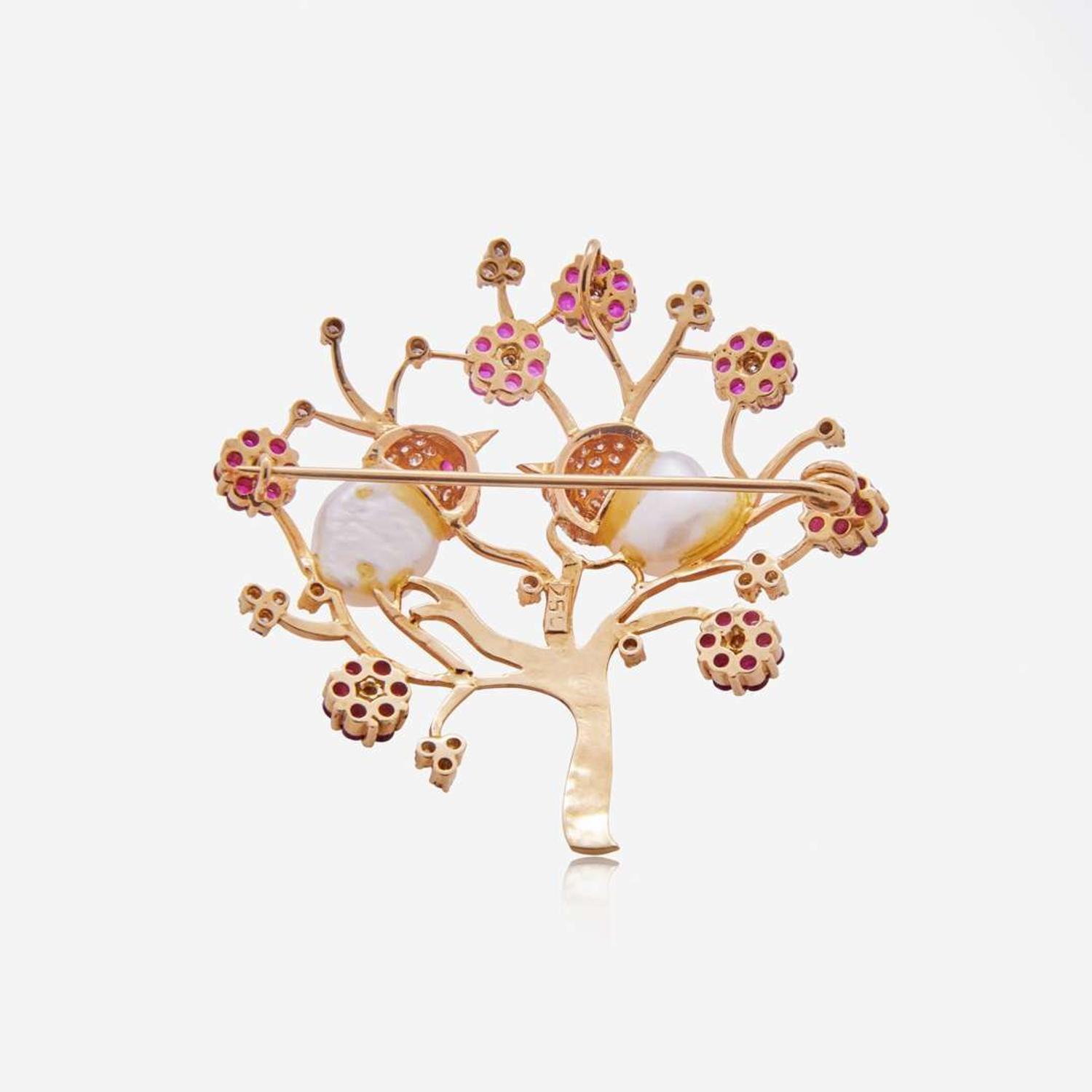 An 18K Yellow Gold, Pearl, and Ruby Brooch
