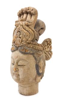 A Carved Wood Head of Guanyin Height 19 inches.