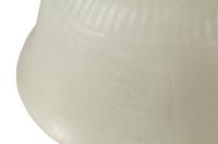 A Pair of Peking Style Carved White Glass Bowls with Wood Stands