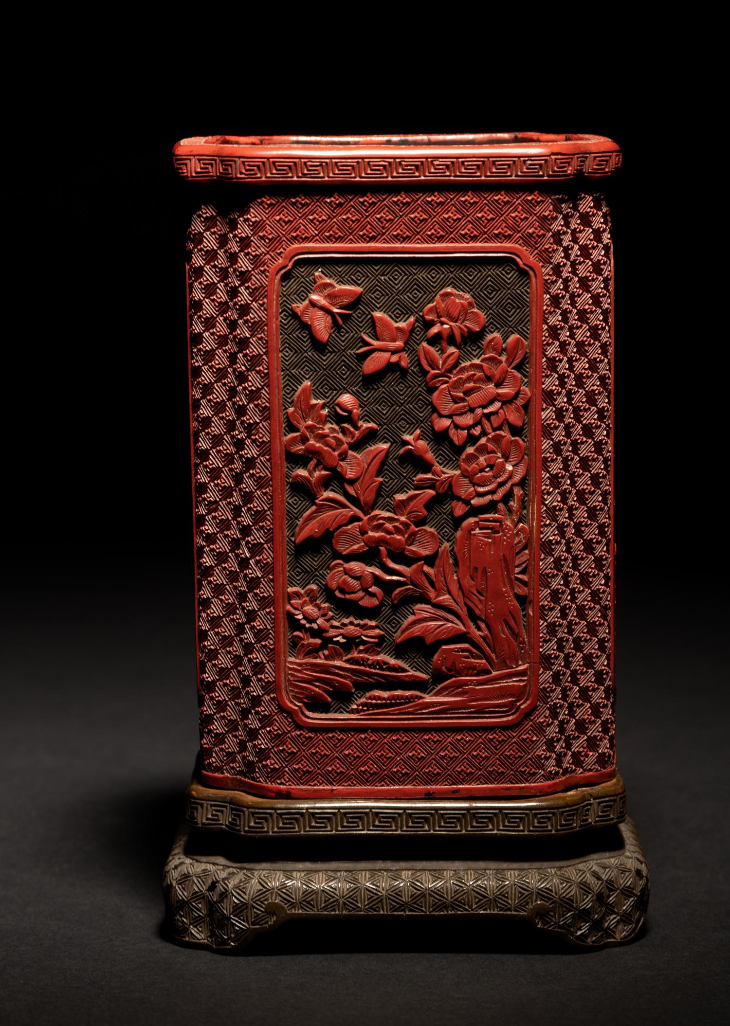 A Cinnabar Lacquer Brush Pot and Stand