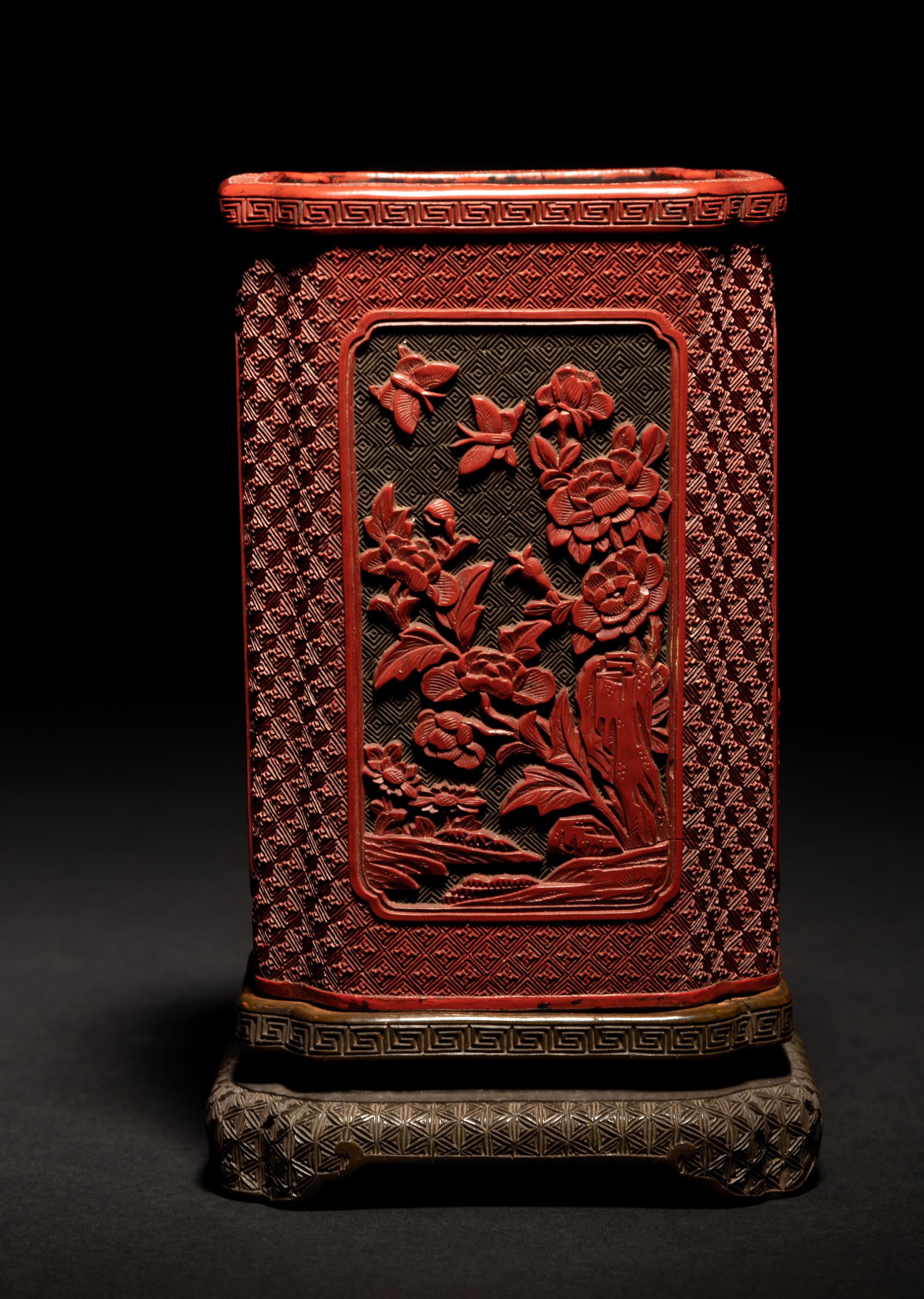 A Cinnabar Lacquer Brush Pot and Stand