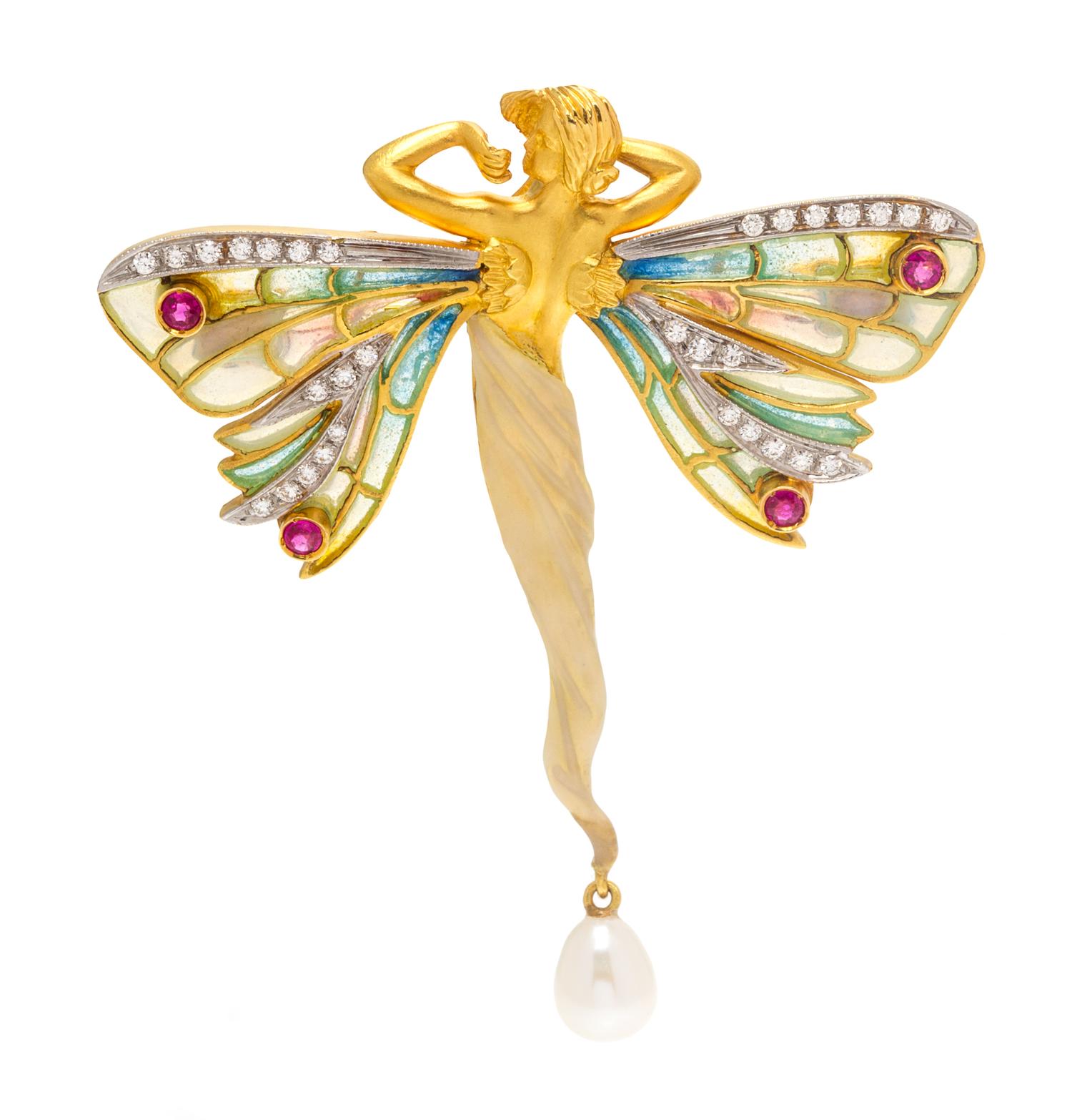An 18 Karat Yellow Gold, Polychrome Enamel, Ruby and Cultured Pearl "Nymphs" Pendant/Brooch, Masriera, 13.60 dwts.