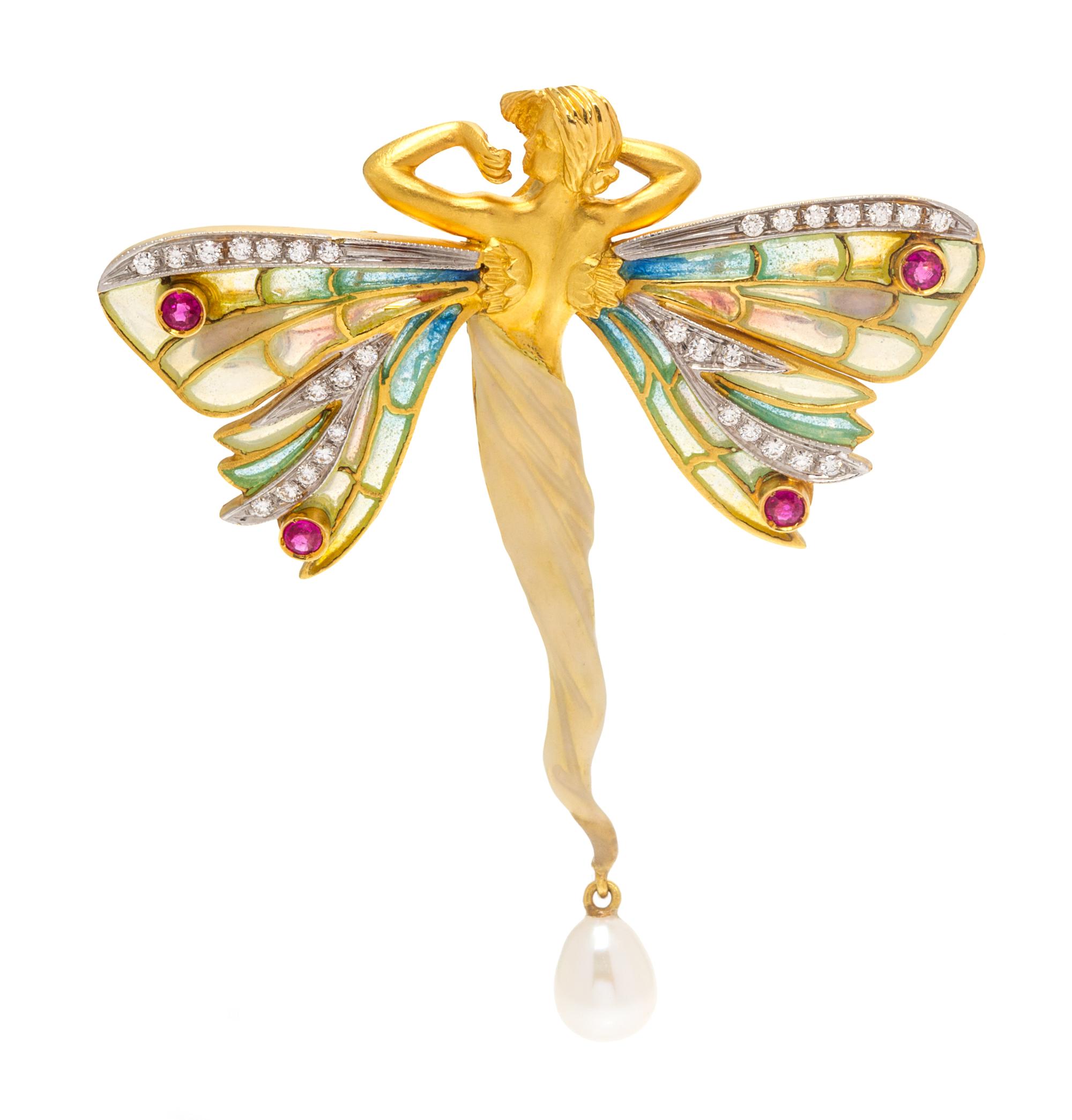 An 18 Karat Yellow Gold, Polychrome Enamel, Ruby and Cultured Pearl "Nymphs" Pendant/Brooch, Masriera, 13.60 dwts.