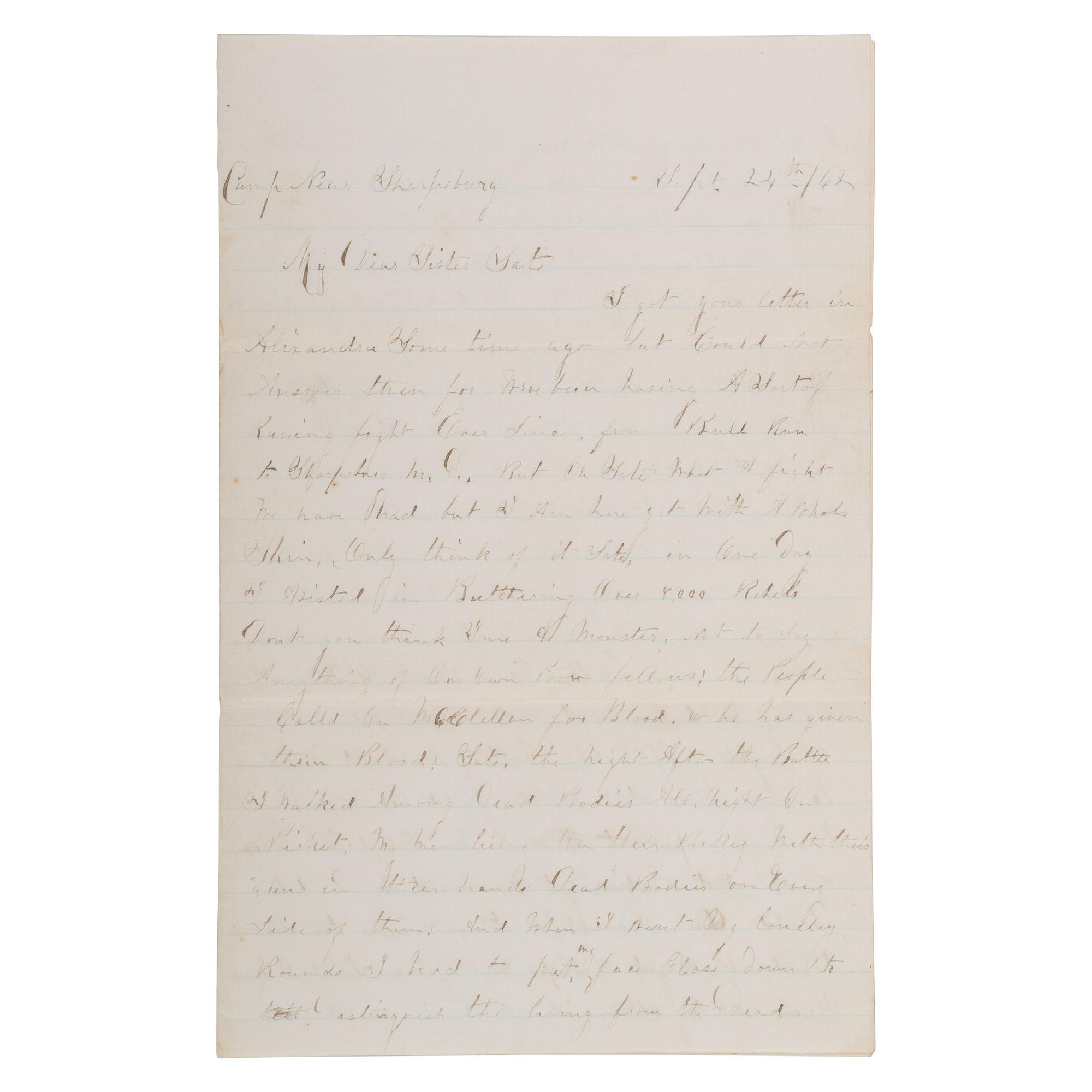[CIVIL WAR]. 33rd NY Infantry Lieut's letter describing the battle horrors experienced at Antietam. 24 September 1862.