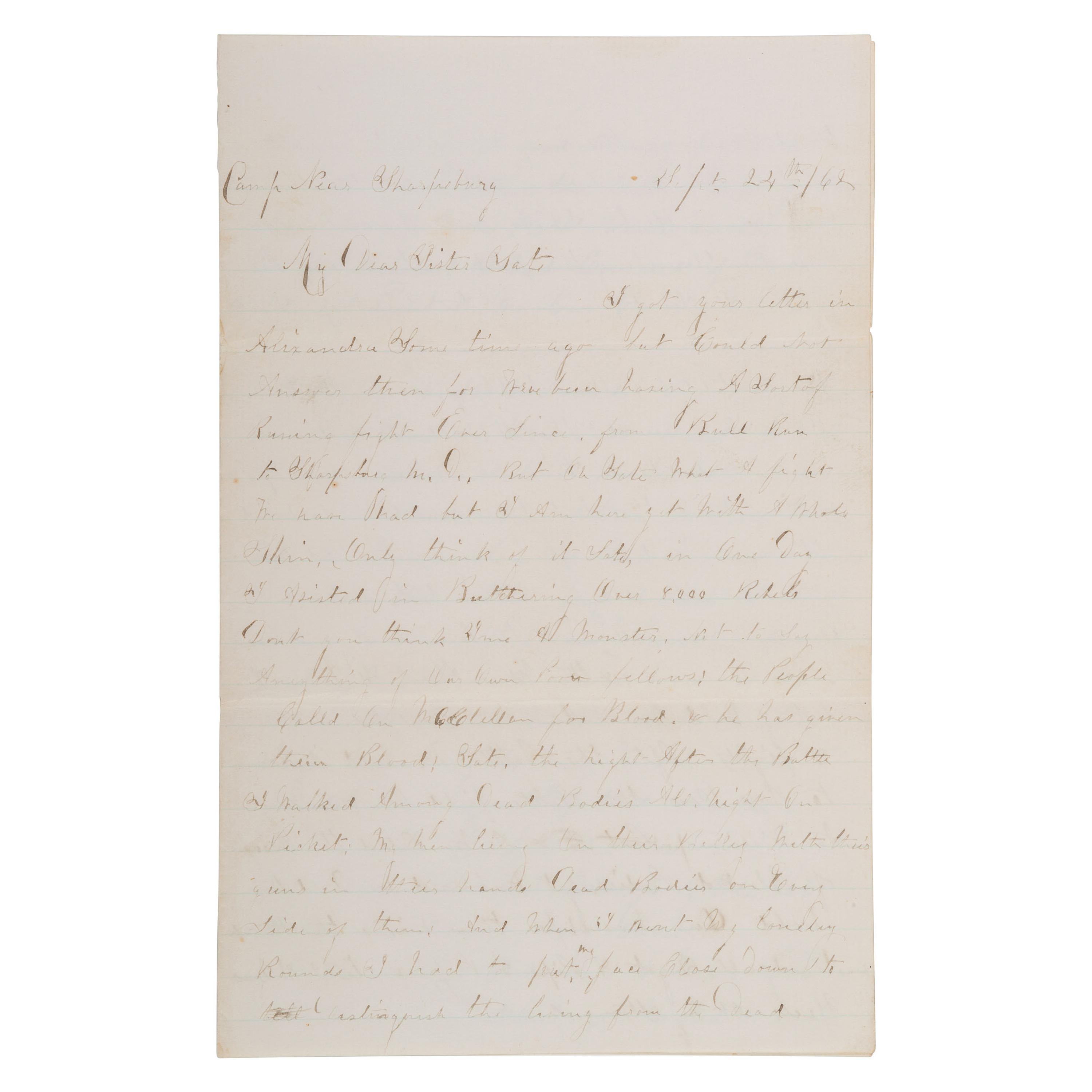 [CIVIL WAR]. 33rd NY Infantry Lieut's letter describing the battle horrors experienced at Antietam. 24 September 1862.