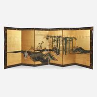 A pair of Japanese six-panel screens: "The Seven Scholars of the Bamboo Grove" Edo-Meiji period