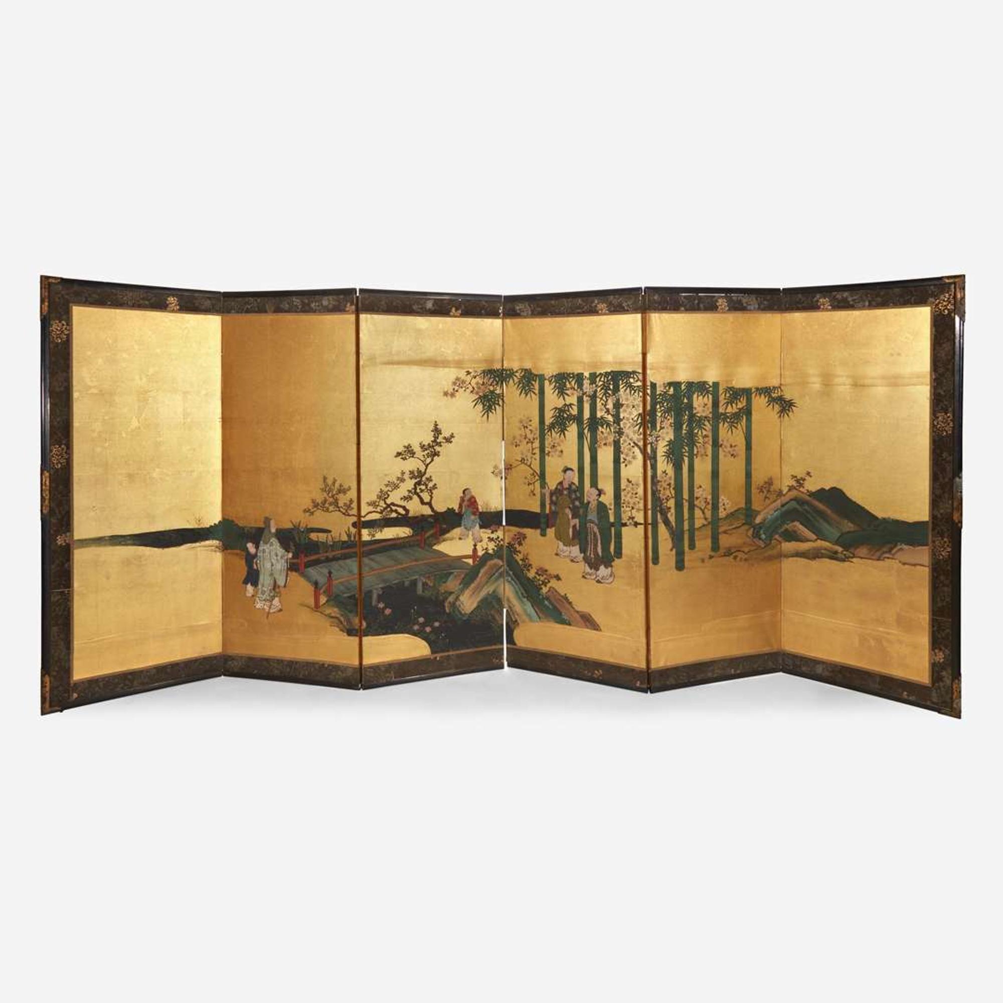 A pair of Japanese six-panel screens: "The Seven Scholars of the Bamboo Grove" Edo-Meiji period