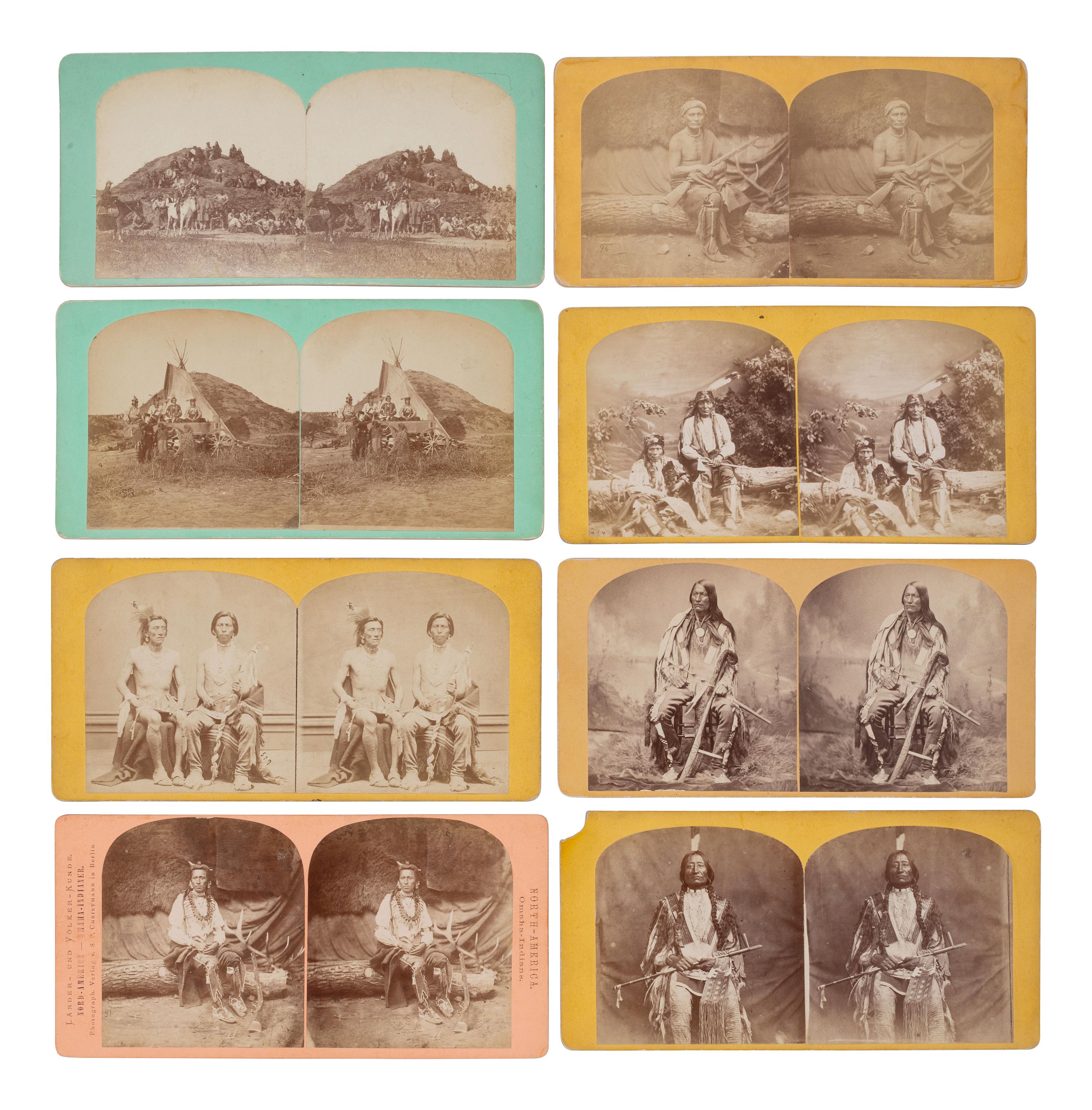 A group of 8 stereoviews of Plains Indians, incl. images by HAMILTON & HOYT, Sioux City, Iowa, ca 1870s.