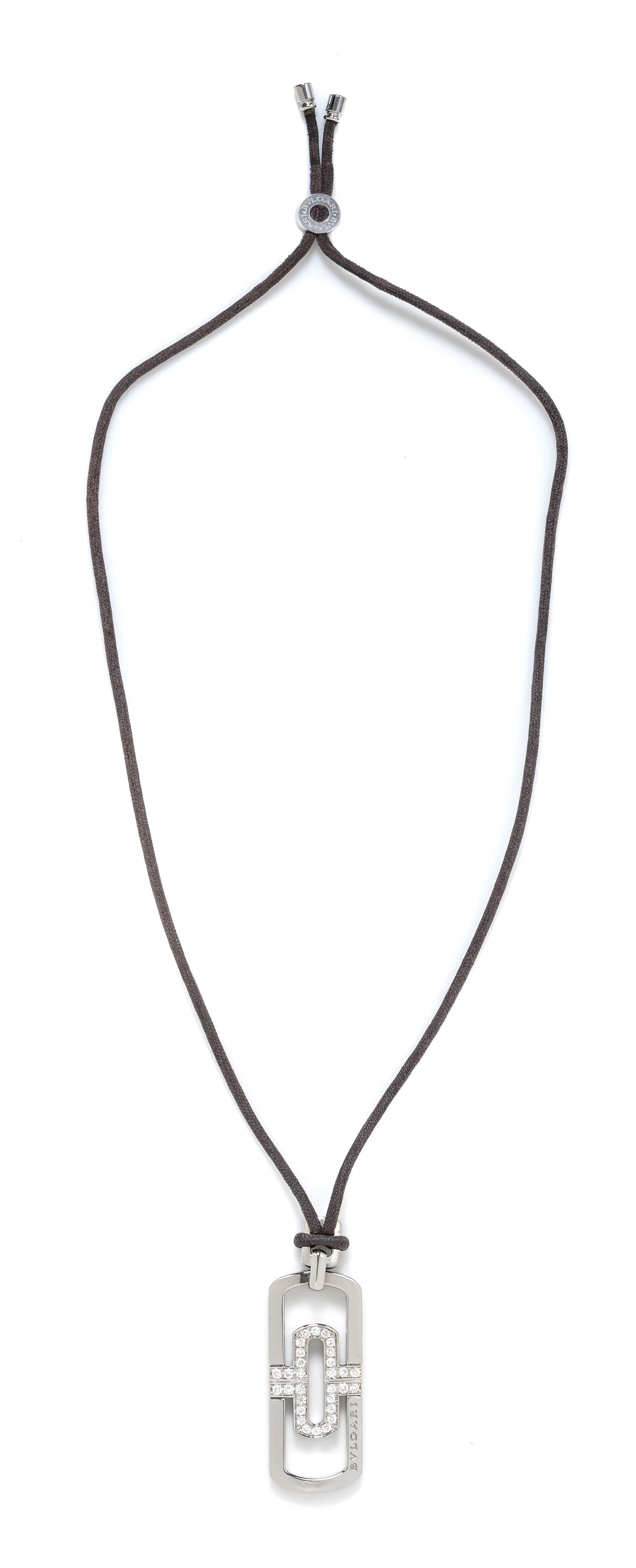 A Steel, 18 Karat White Gold, Diamond and Leather 'Parentesi' Pendant Necklace, Bvlgari, 16.05 dwts. (with cord)