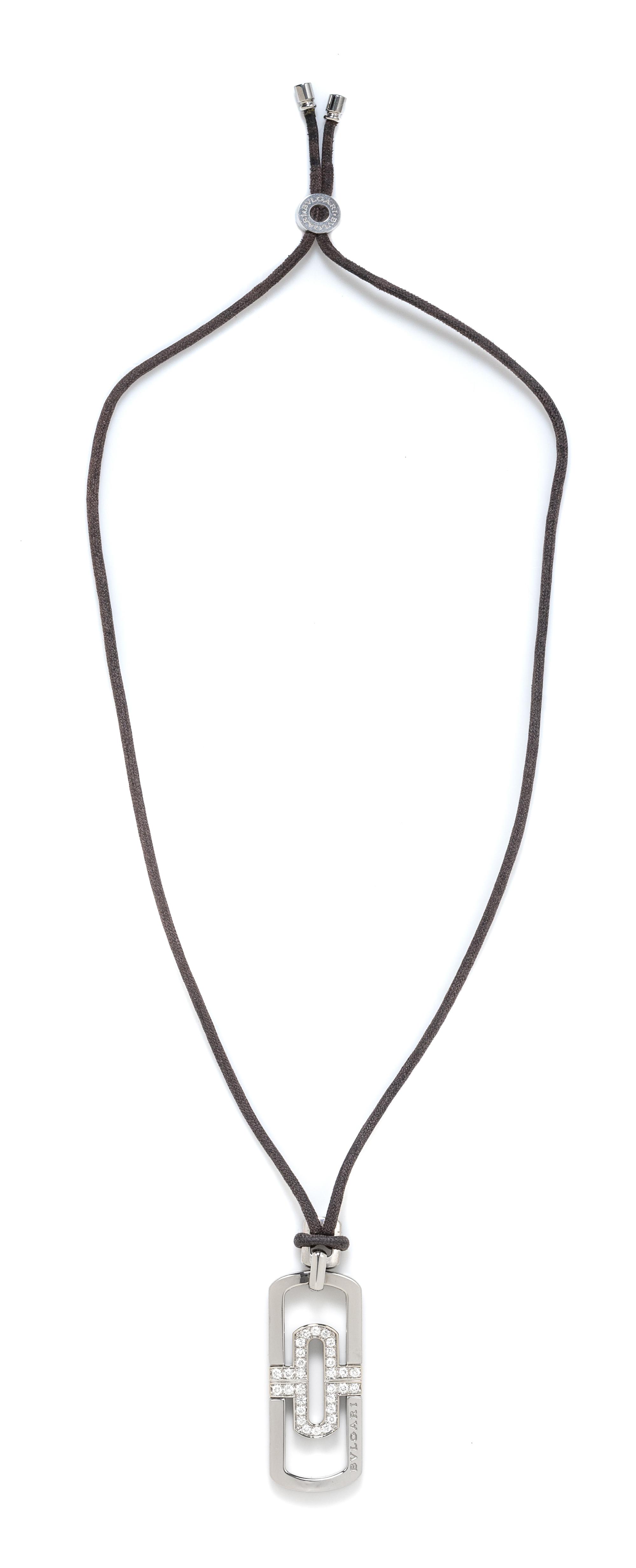 A Steel, 18 Karat White Gold, Diamond and Leather 'Parentesi' Pendant Necklace, Bvlgari, 16.05 dwts. (with cord)