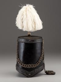 [MILITIA]. Fully-trimmed militia dragoon shako with original box. Manufactured by Joseph T. Bell, New York, ca 1840.
