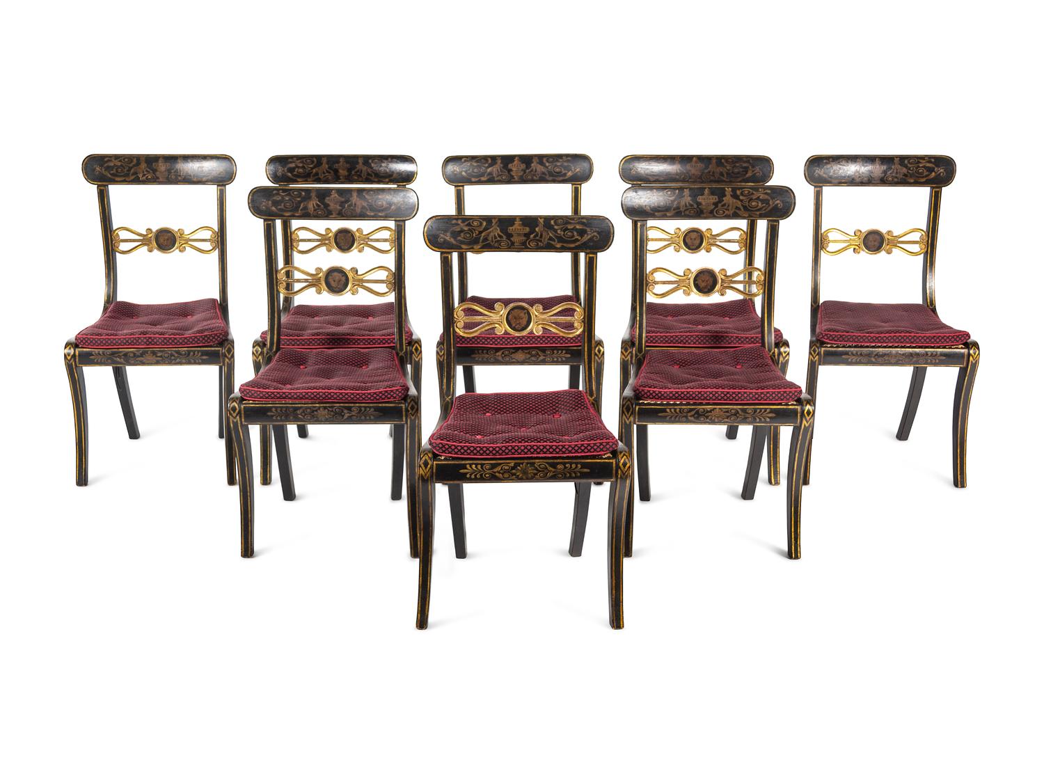 A Set of Eight Regency Black-Painted and Parcel-Gilt Dining Chairs