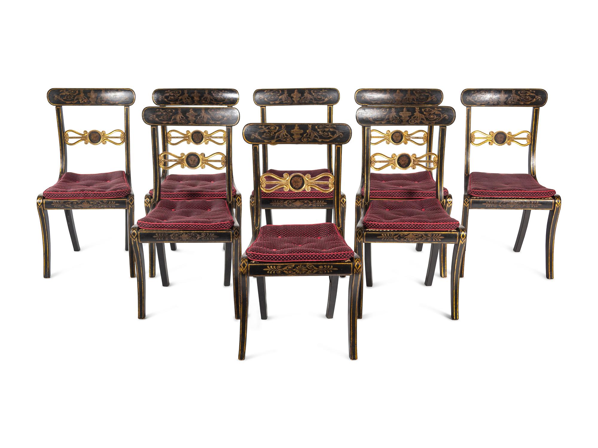 A Set of Eight Regency Black-Painted and Parcel-Gilt Dining Chairs