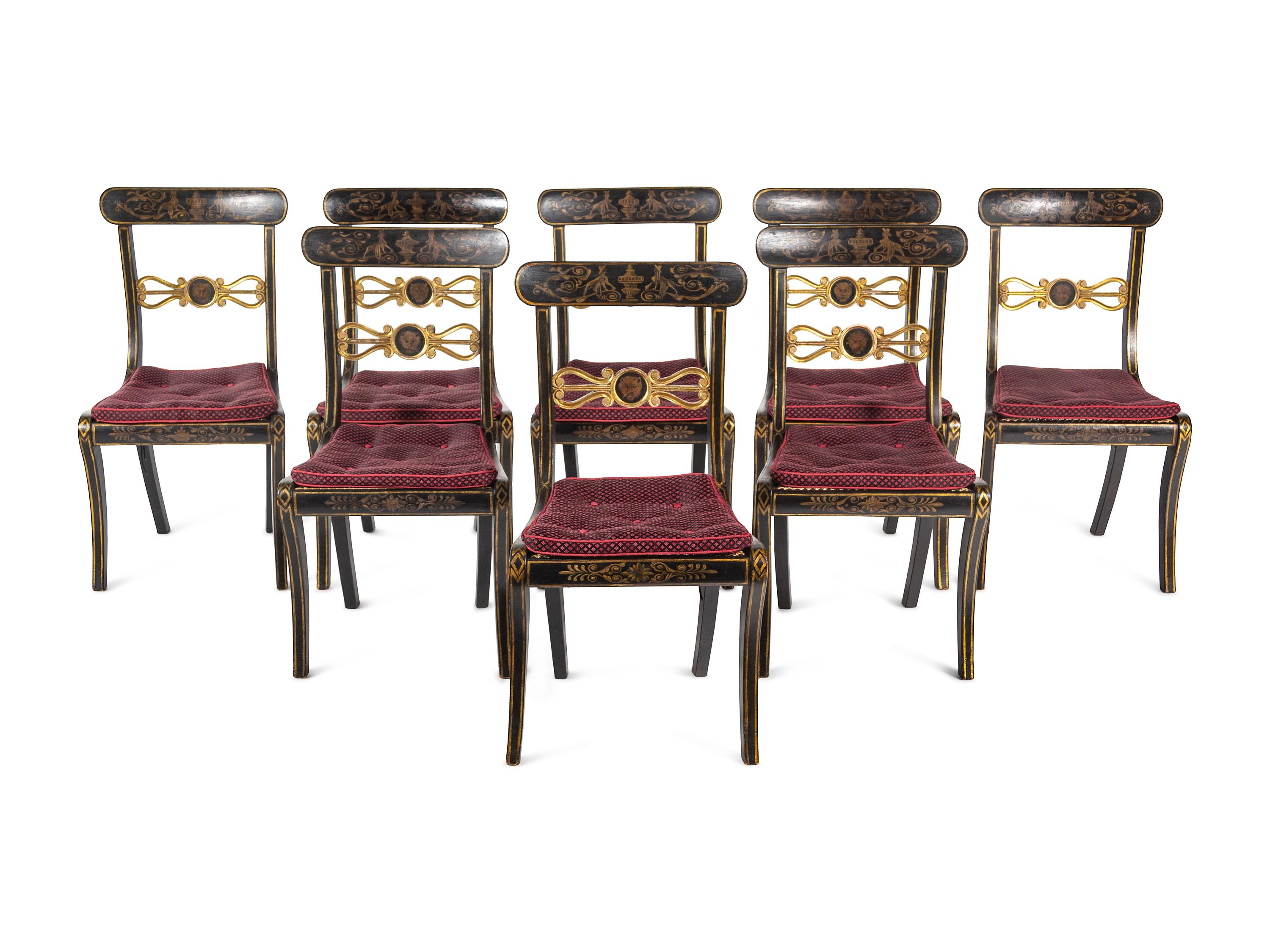 A Set of Eight Regency Black-Painted and Parcel-Gilt Dining Chairs