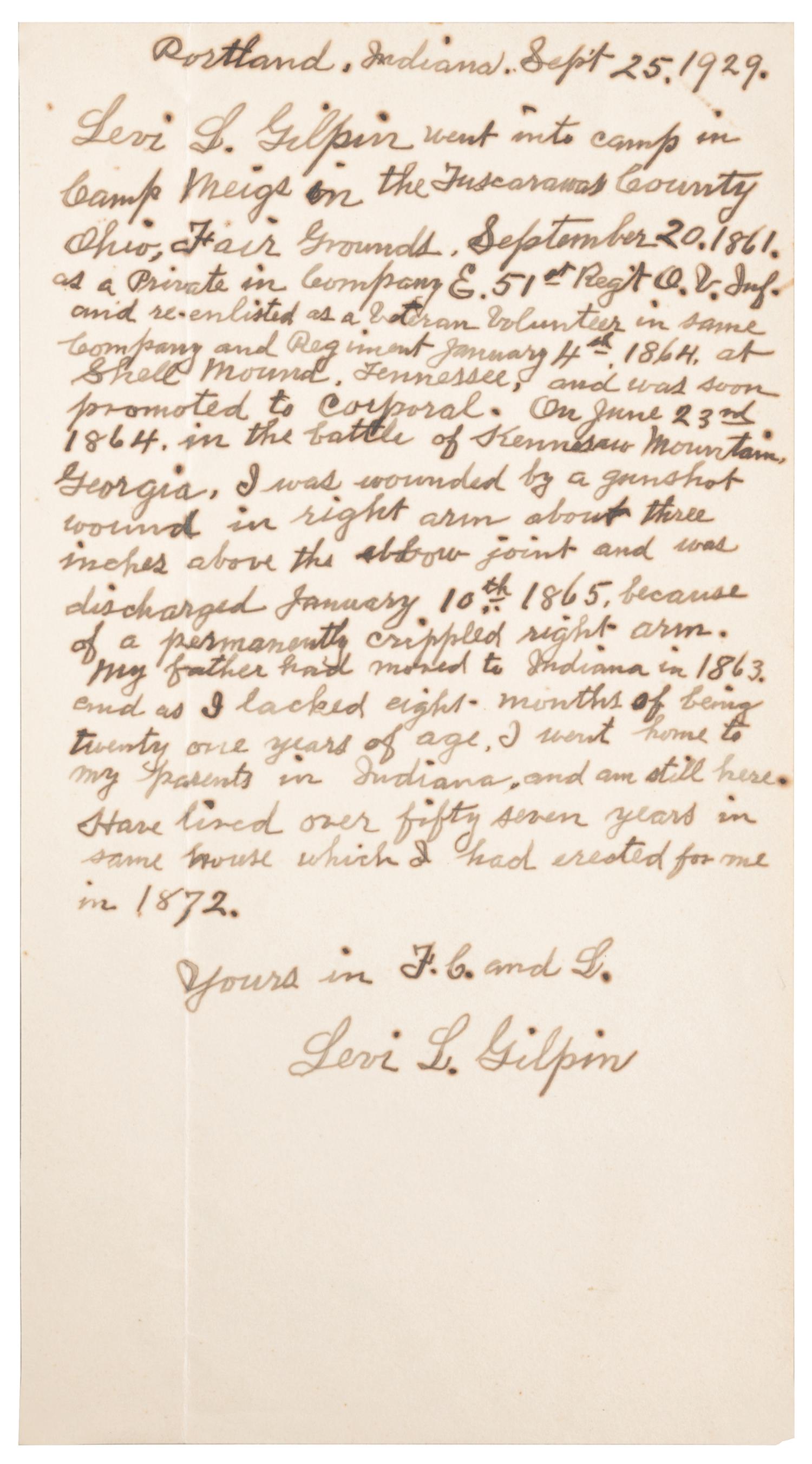 [CIVIL WAR] GILPIN, Levi L. (1844-1931). A group of 3 items identified to Corporal Levi L. Gilpin, 51st Ohio Volunteer Infantry, comprising:
