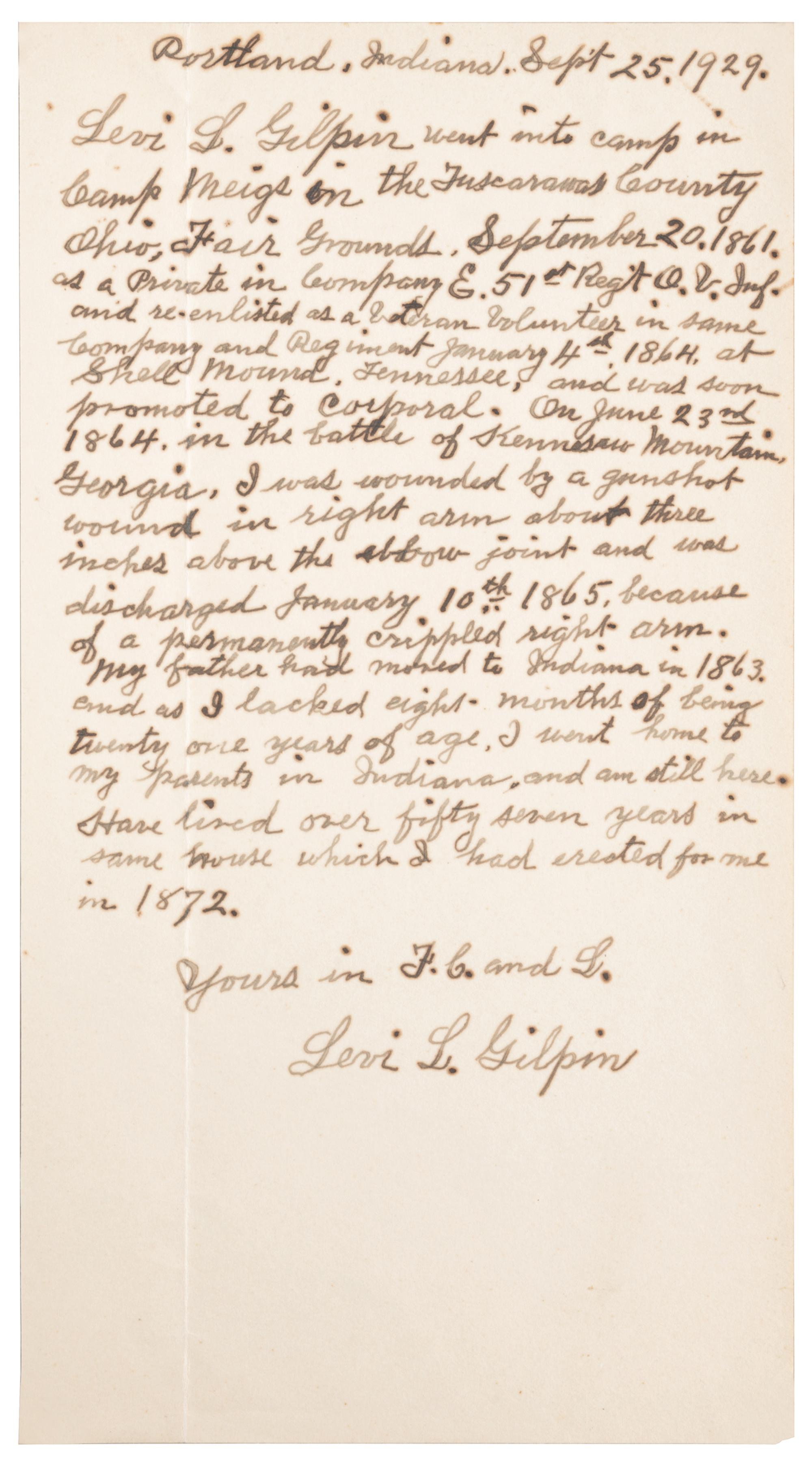 [CIVIL WAR] GILPIN, Levi L. (1844-1931). A group of 3 items identified to Corporal Levi L. Gilpin, 51st Ohio Volunteer Infantry, comprising: