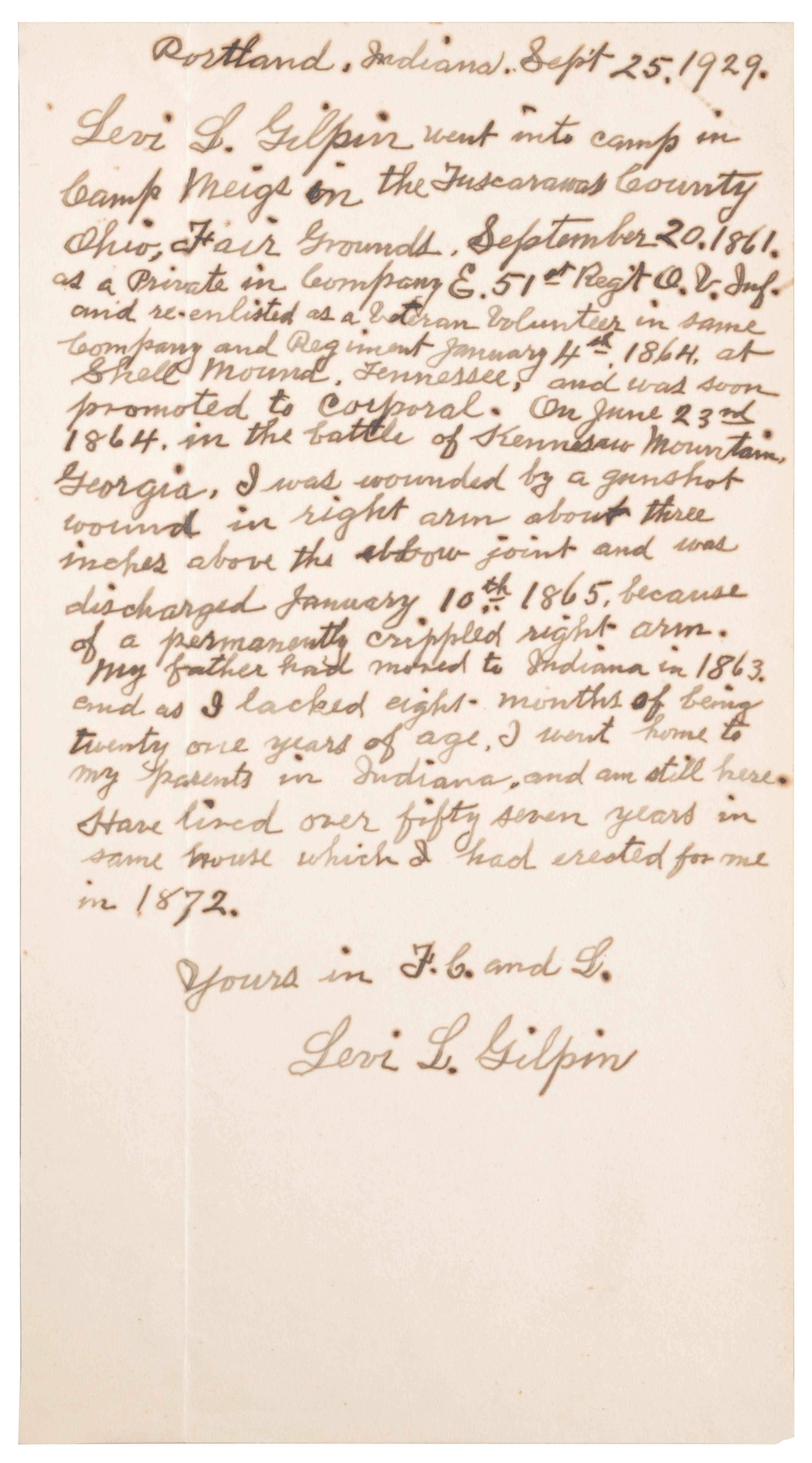 [CIVIL WAR] GILPIN, Levi L. (1844-1931). A group of 3 items identified to Corporal Levi L. Gilpin, 51st Ohio Volunteer Infantry, comprising: