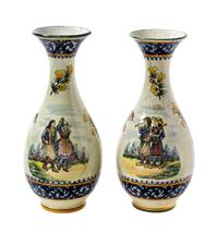 A Pair of Quimper Pottery Vases Height 12 1/2 inches.
