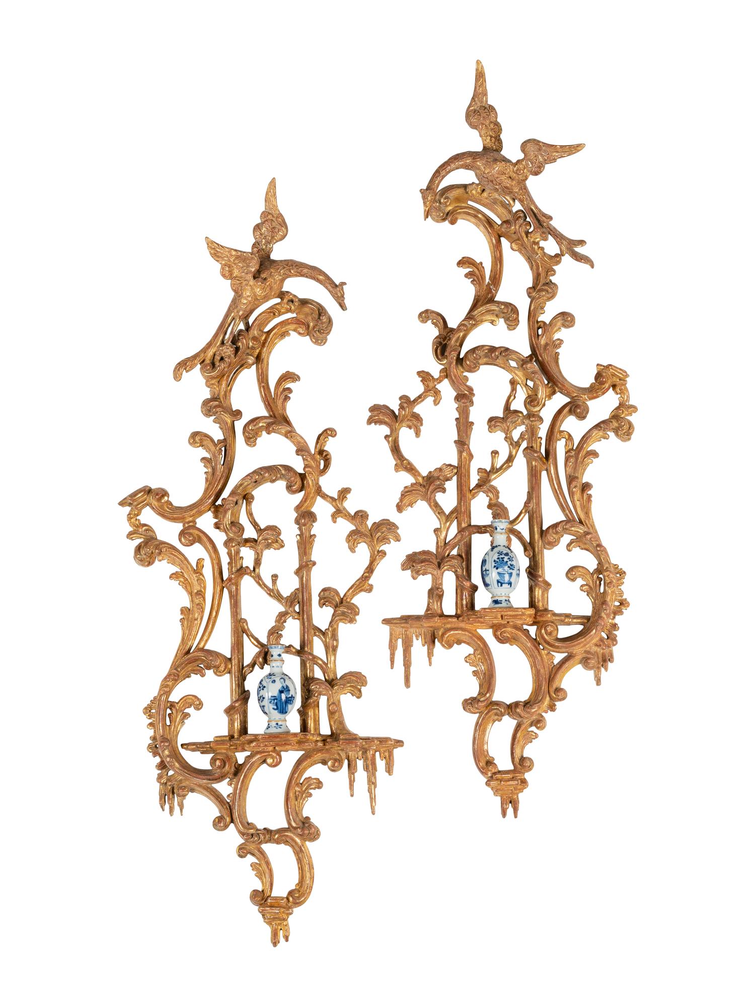 A Pair of George III "Chinese Chippendale" Giltwood Wall Brackets