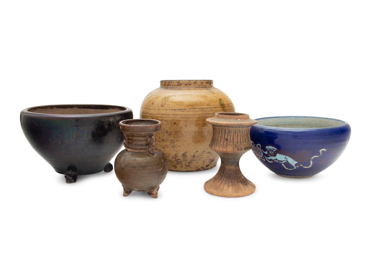 Five Chinese Monochrome Glazed Porcelain and Stoneware Vessels