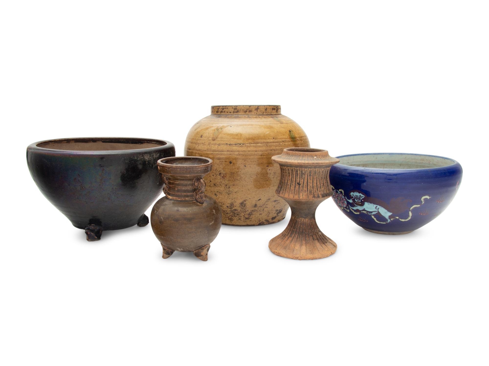 Five Chinese Monochrome Glazed Porcelain and Stoneware Vessels
